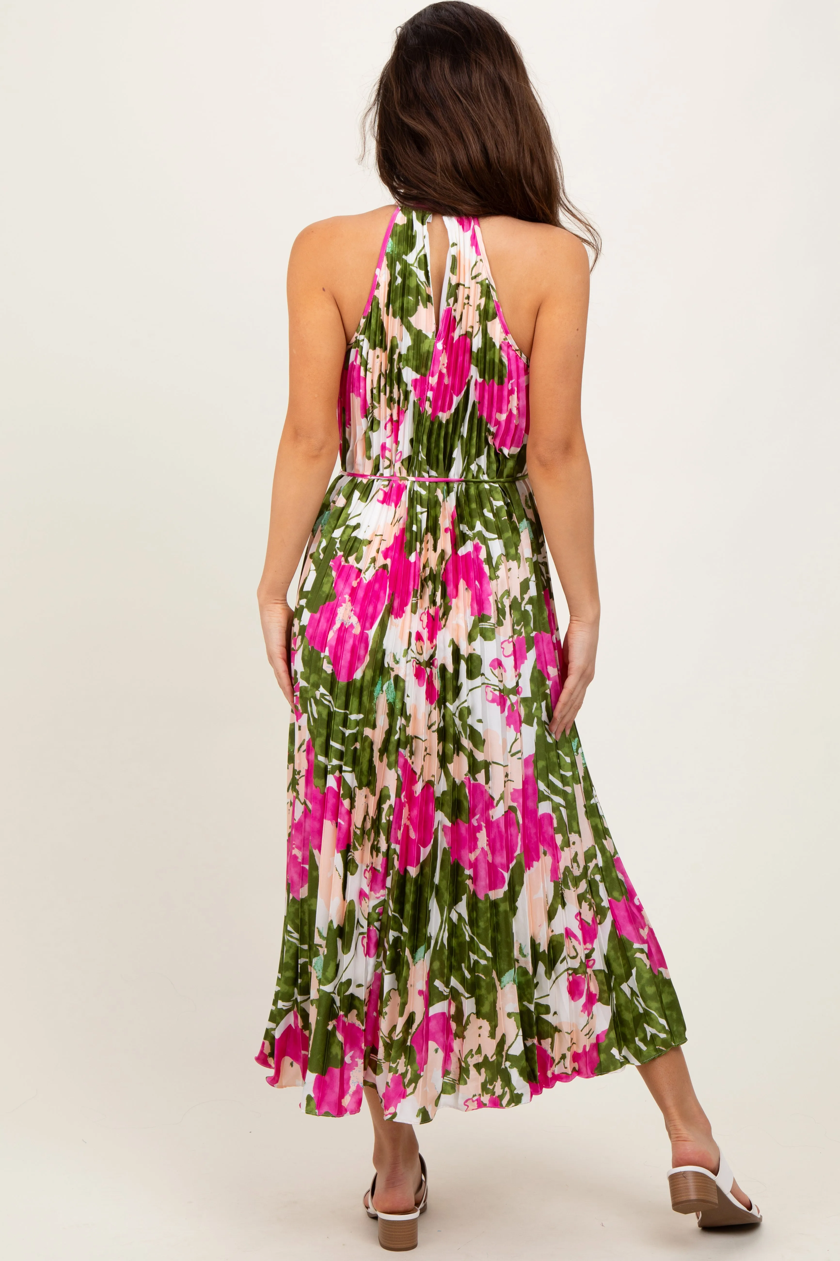 Fuchsia Floral Satin Pleated Halter Neck Midi Dress sold by Pinkblush product image thumbnail 4