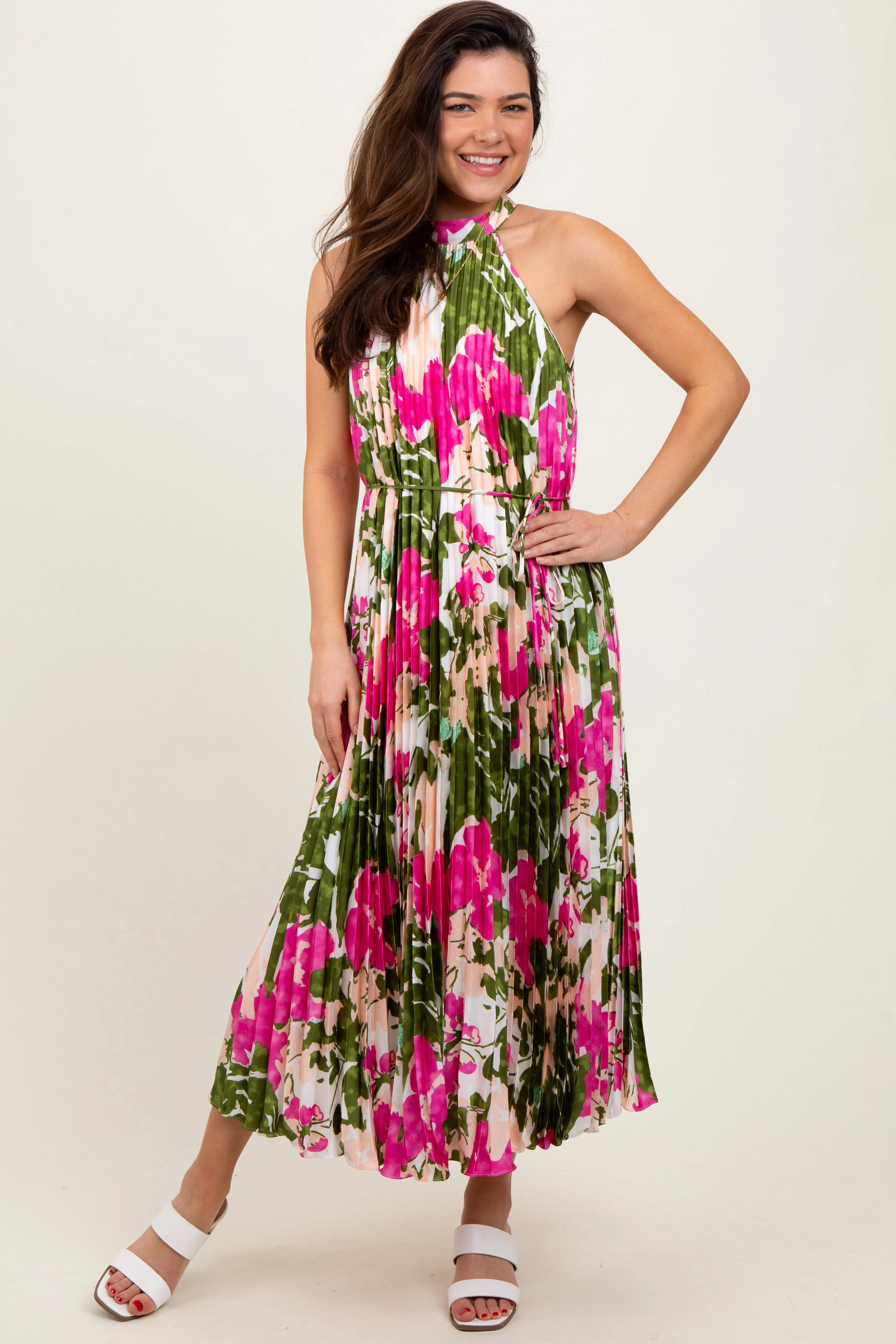 Fuchsia Floral Satin Pleated Halter Neck Midi Dress sold by Pinkblush product image thumbnail 2
