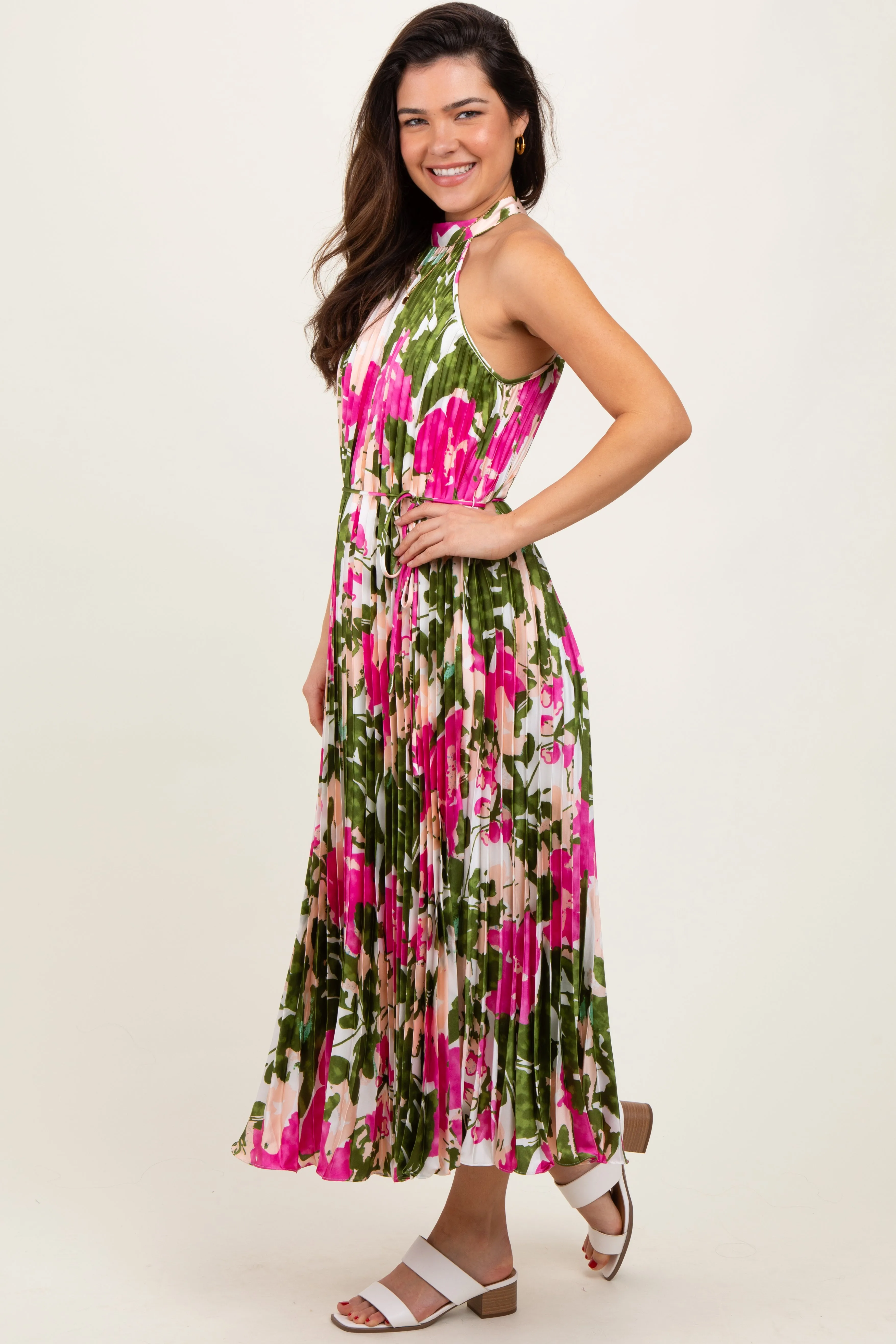 Fuchsia Floral Satin Pleated Halter Neck Midi Dress sold by Pinkblush product image thumbnail 3