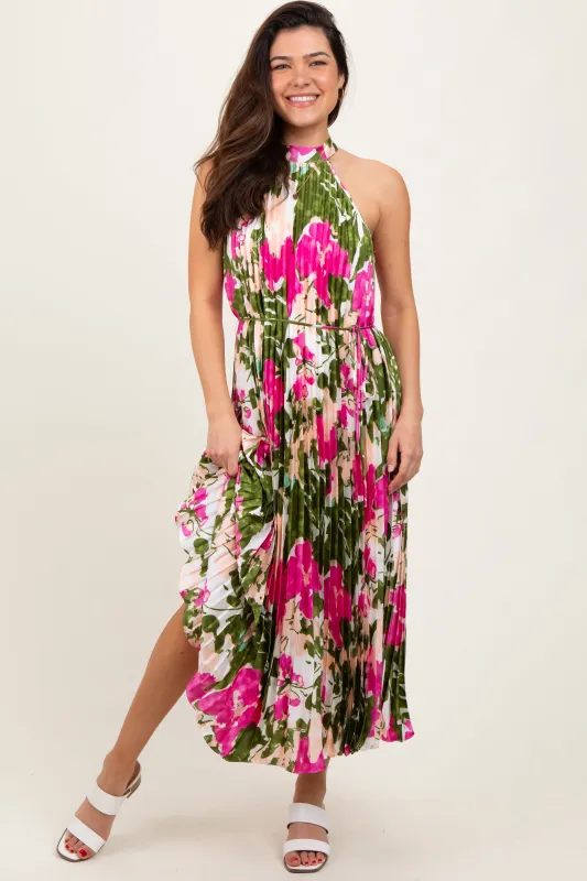 Fuchsia Floral Satin Pleated Halter Neck Midi Dress sold by Pinkblush