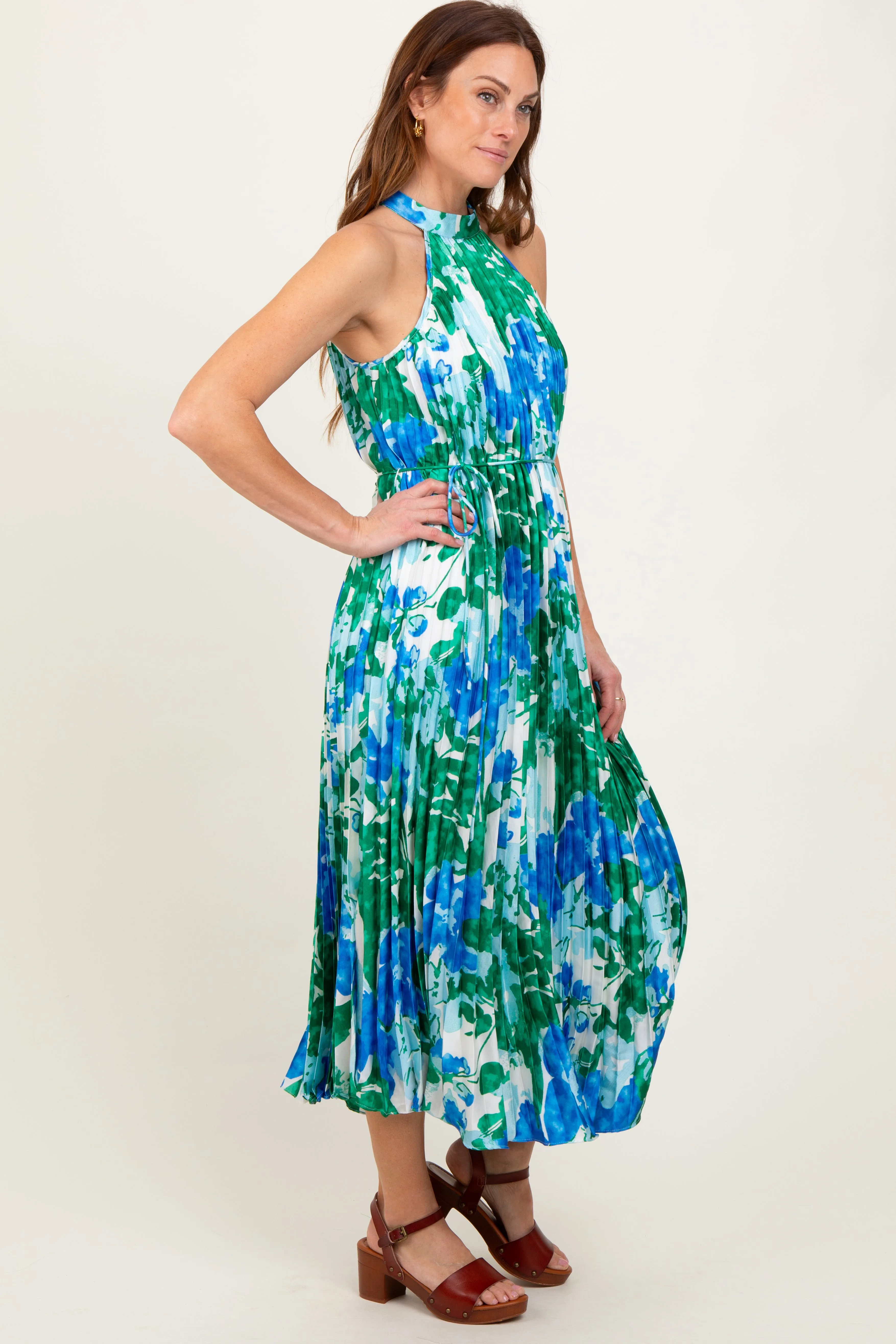 Blue Floral Satin Pleated Halter Neck Midi Dress sold by Pinkblush product image thumbnail 3