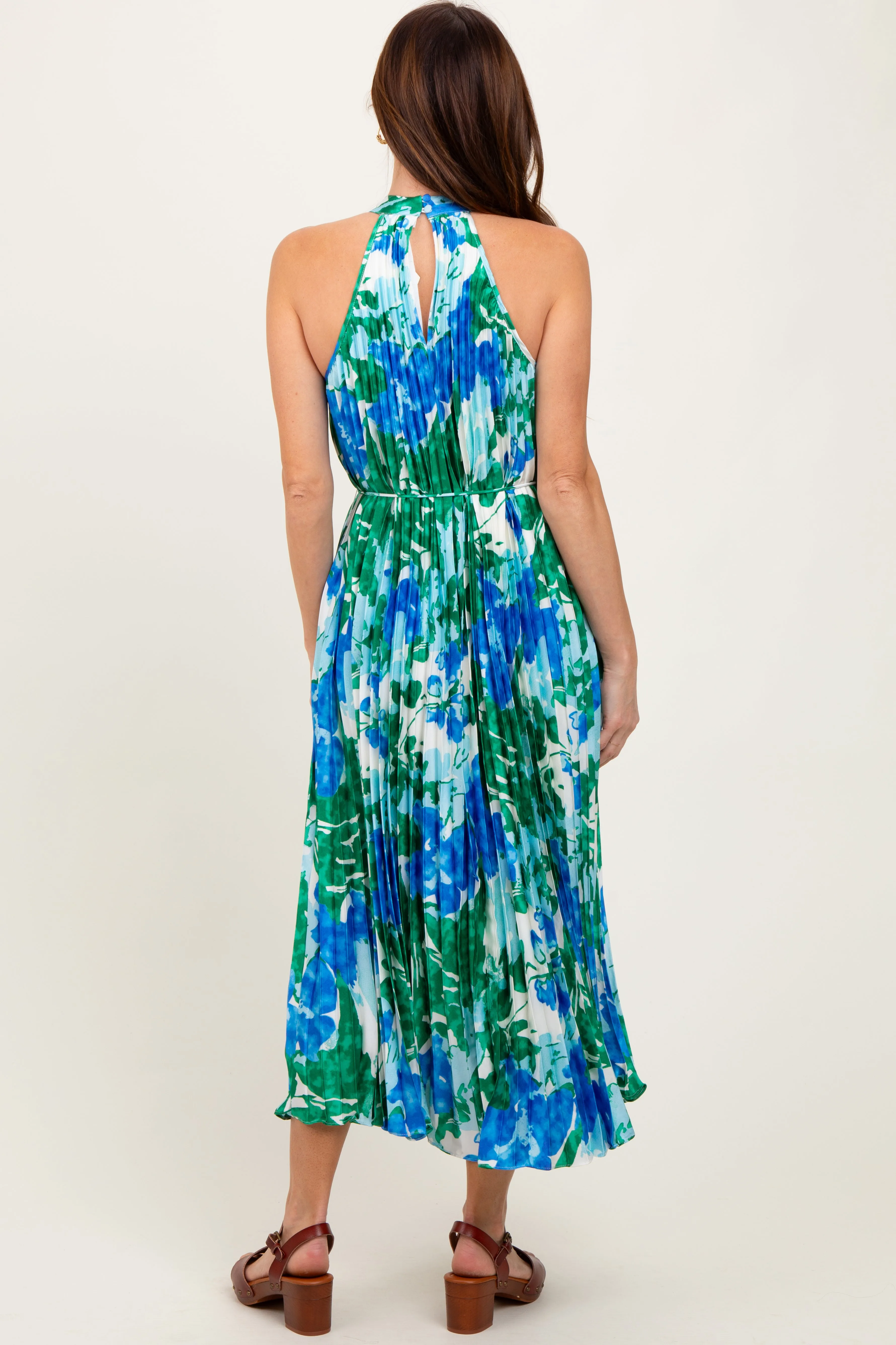 Blue Floral Satin Pleated Halter Neck Midi Dress sold by Pinkblush product image thumbnail 4