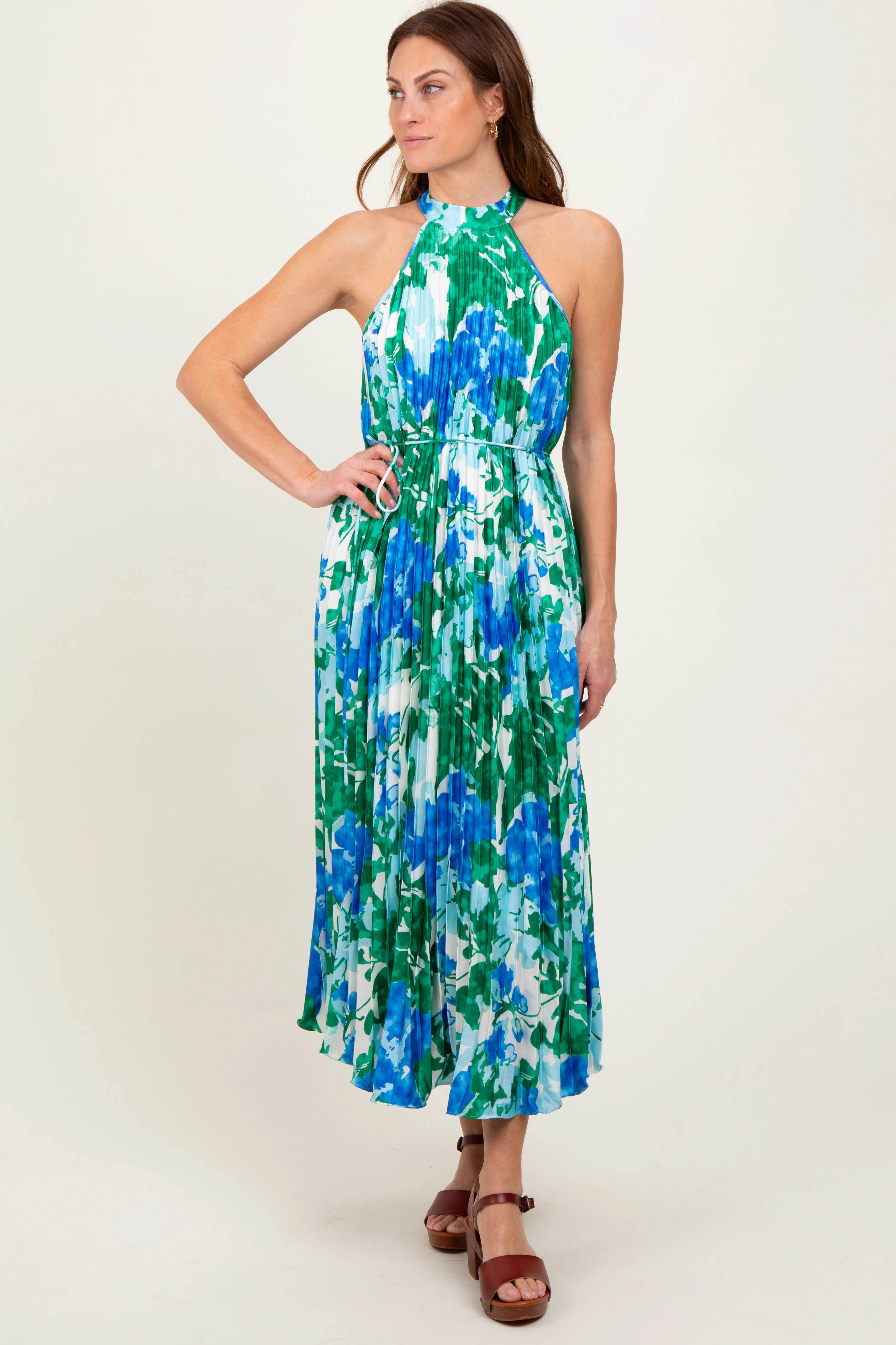 Blue Floral Satin Pleated Halter Neck Midi Dress sold by Pinkblush