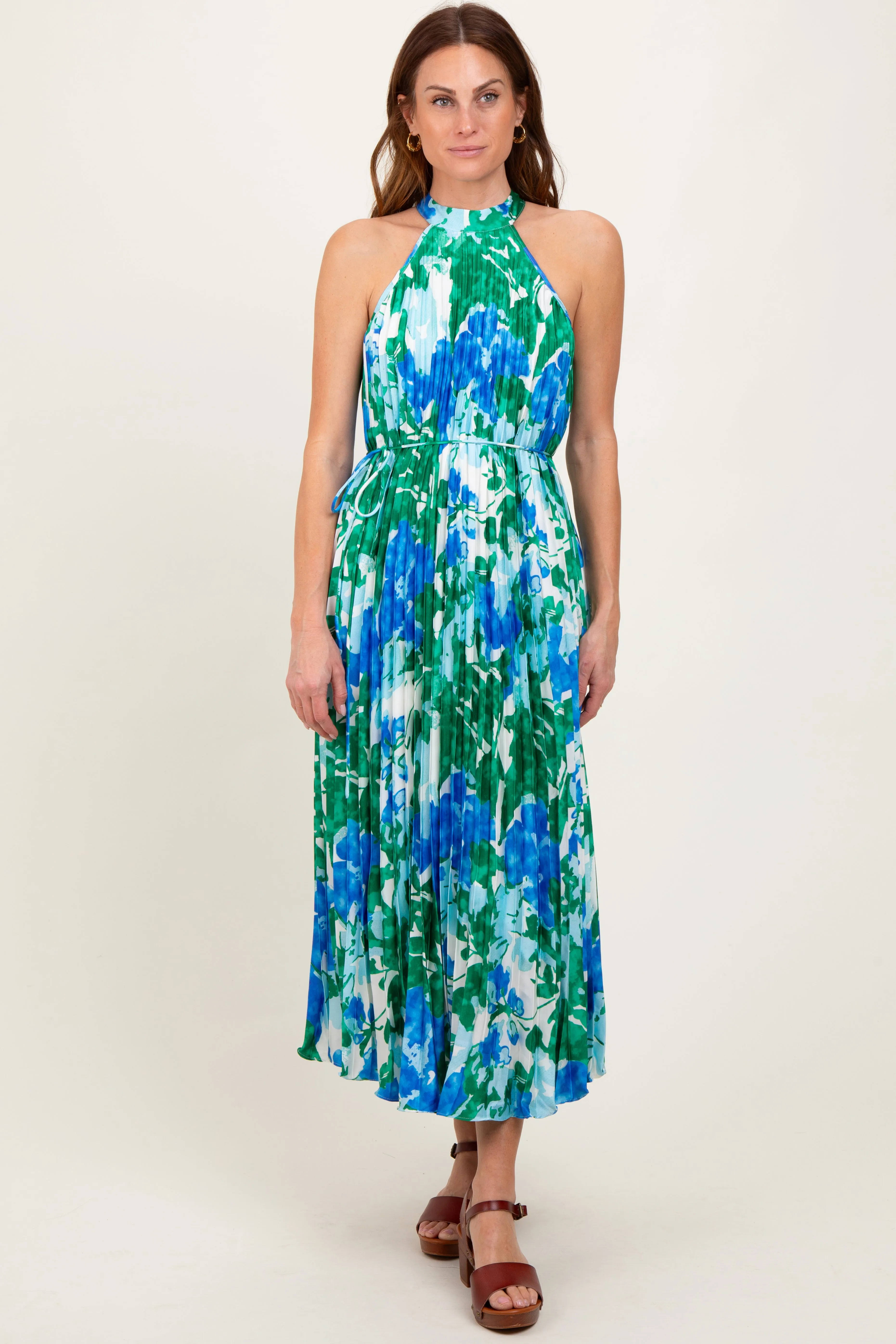 Blue Floral Satin Pleated Halter Neck Midi Dress sold by Pinkblush product image thumbnail 2