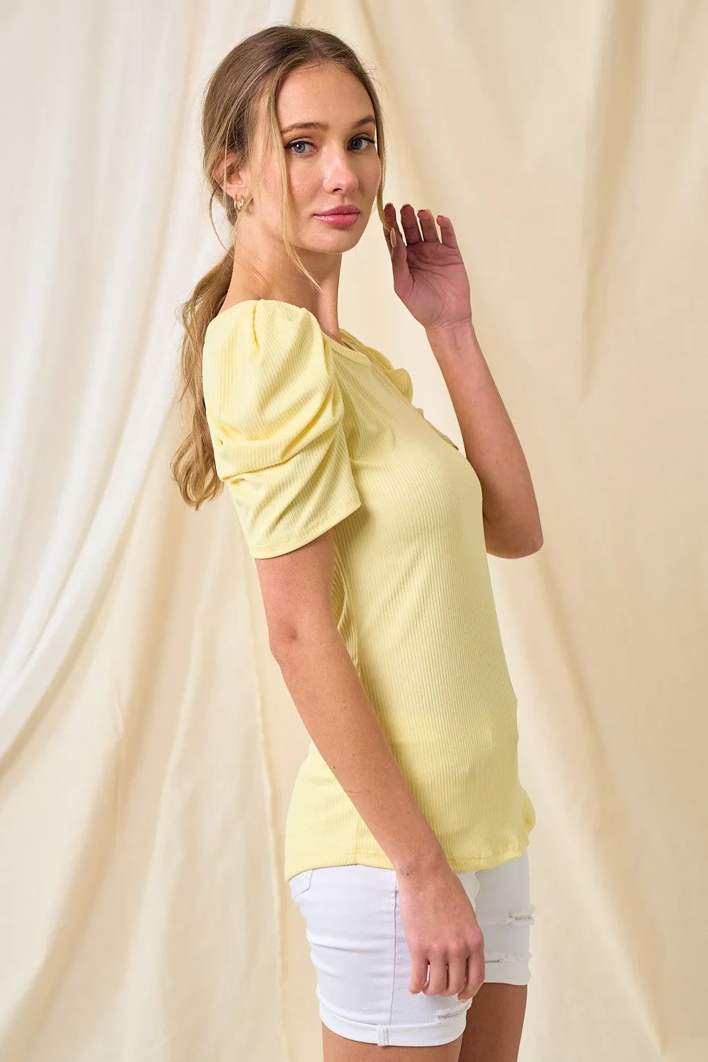 Yellow Ribbed Ruched Short Sleeve Top sold by Pinkblush product image thumbnail 3
