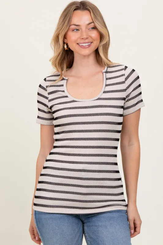 Beige Black Stripe Short Sleeve Round Neck Top sold by Pinkblush
