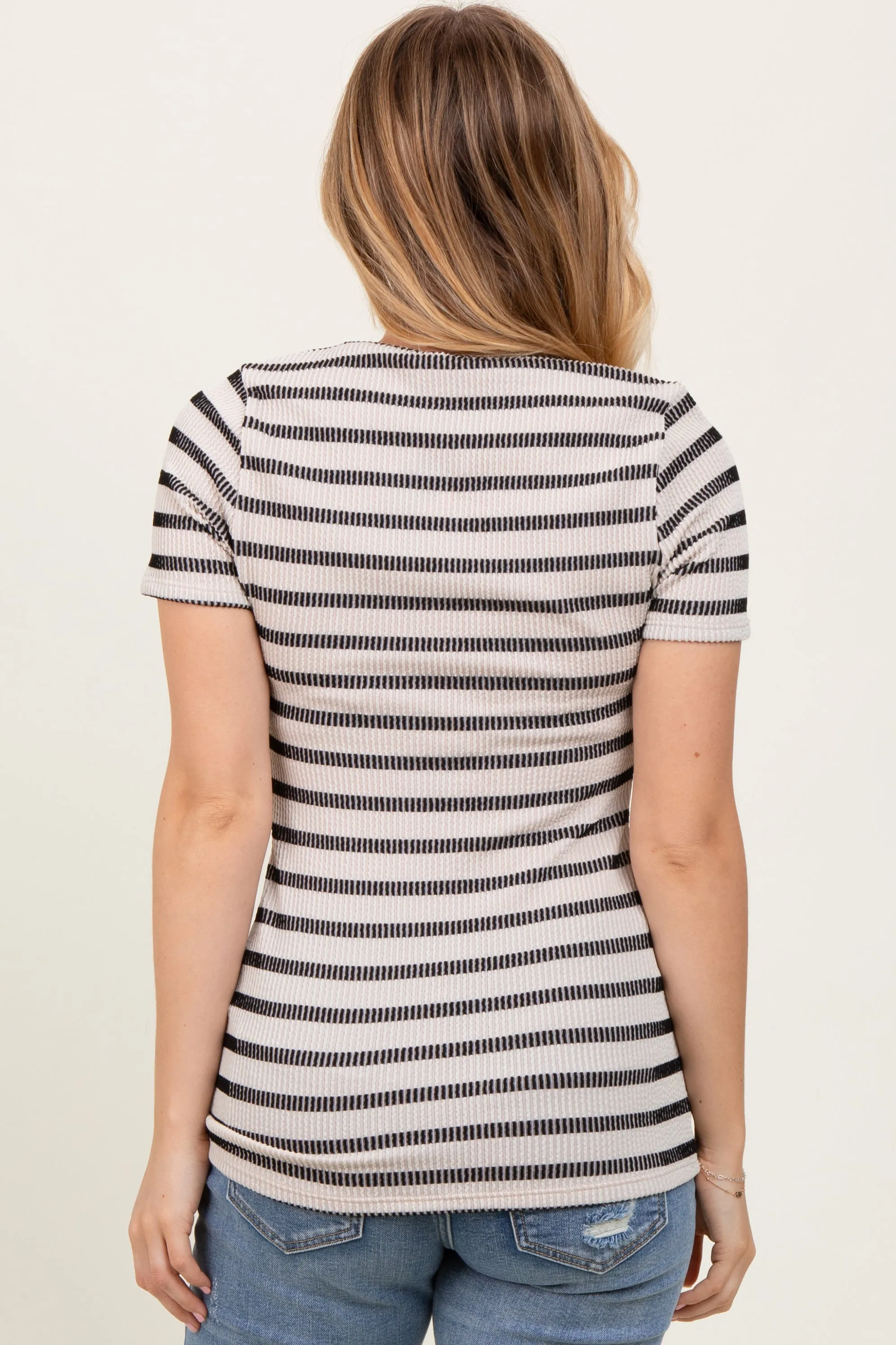 Beige Black Stripe Short Sleeve Round Neck Top sold by Pinkblush product image thumbnail 3