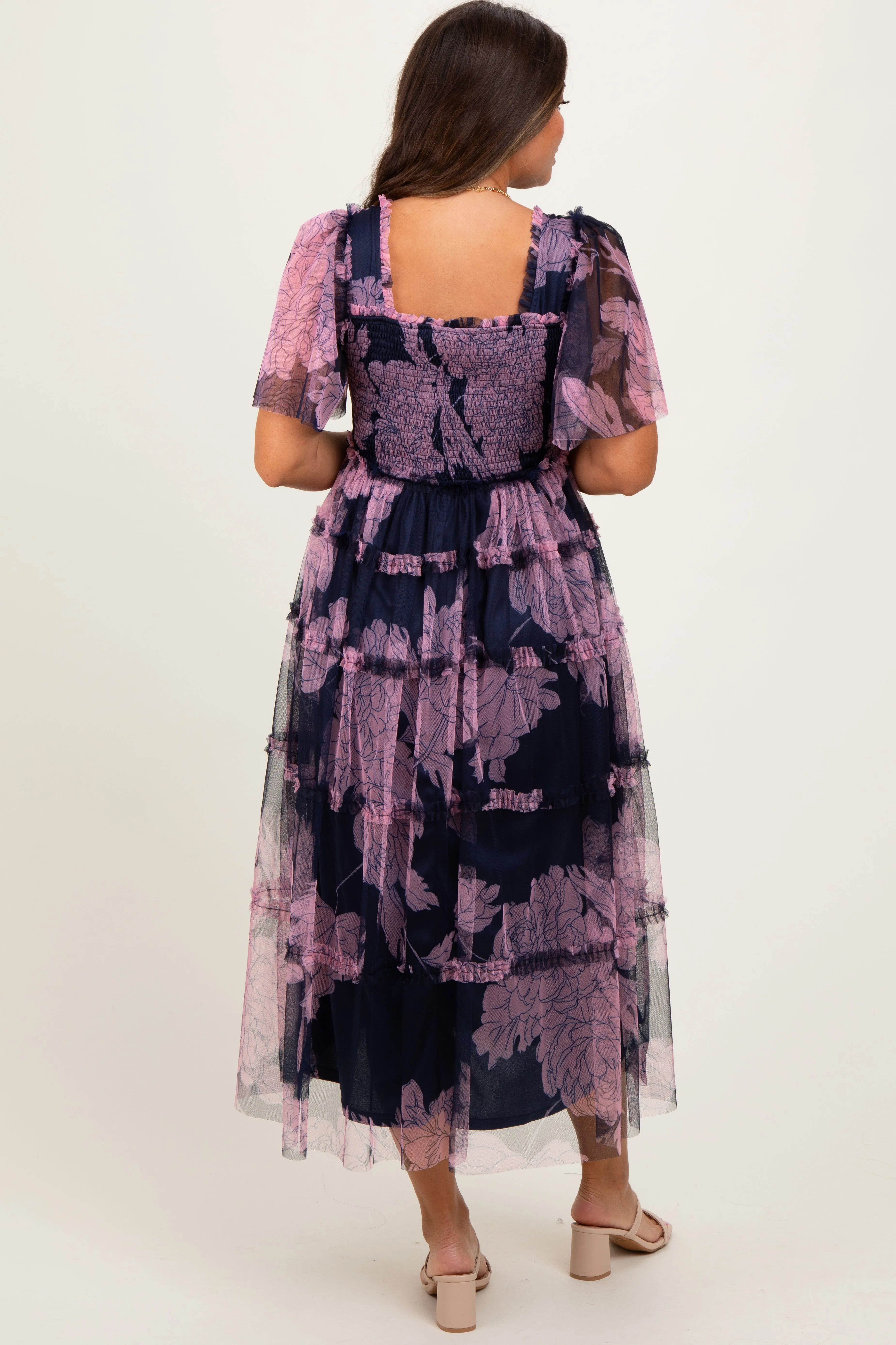 Navy Smocked Top Mesh Ruffled Maternity Midi Dress sold by Pinkblush product image thumbnail 3