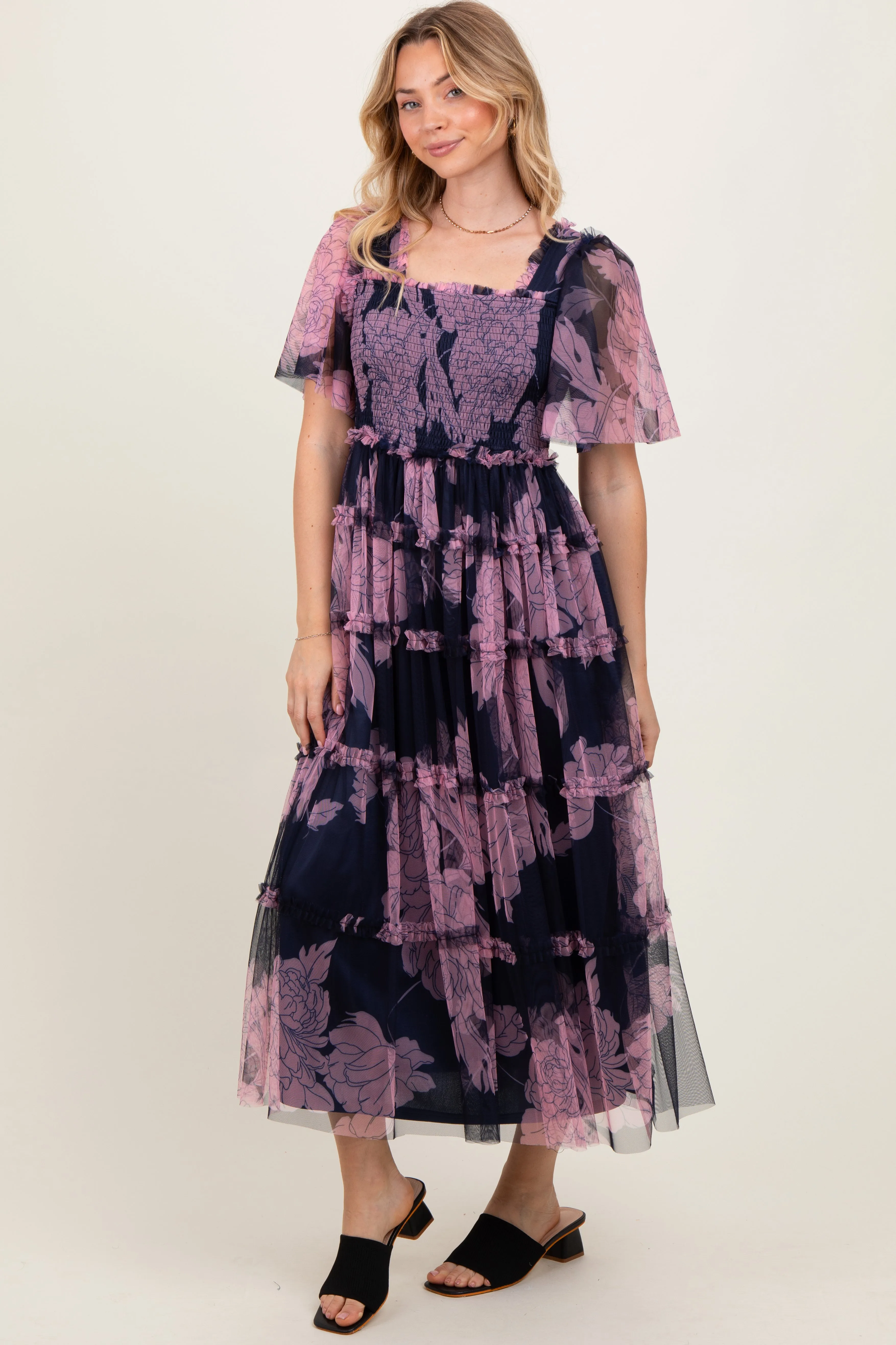 Navy Smocked Top Mesh Ruffled Maternity Midi Dress sold by Pinkblush product image thumbnail 4