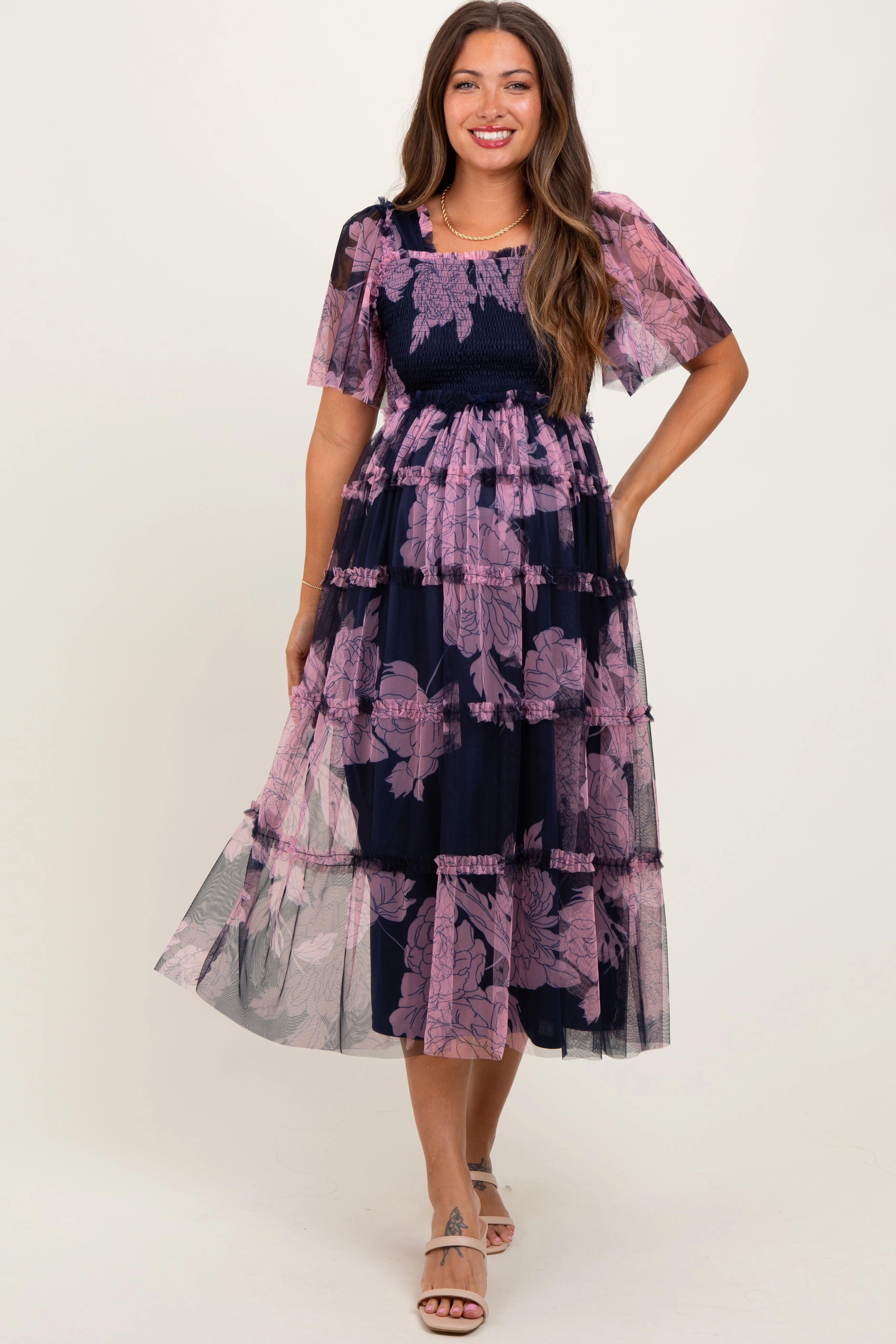 Navy Smocked Top Mesh Ruffled Maternity Midi Dress sold by Pinkblush