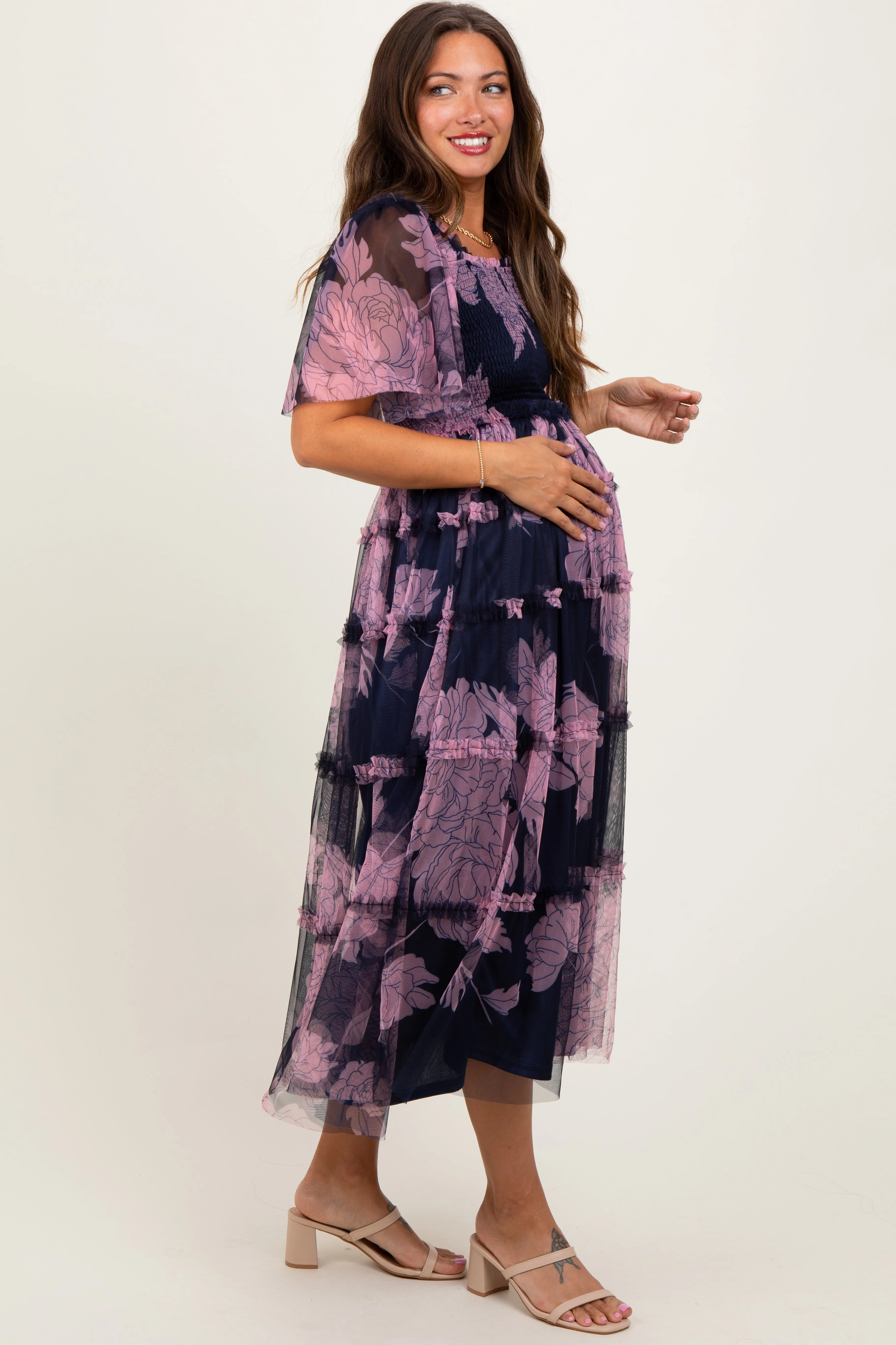 Navy Smocked Top Mesh Ruffled Maternity Midi Dress sold by Pinkblush product image thumbnail 2