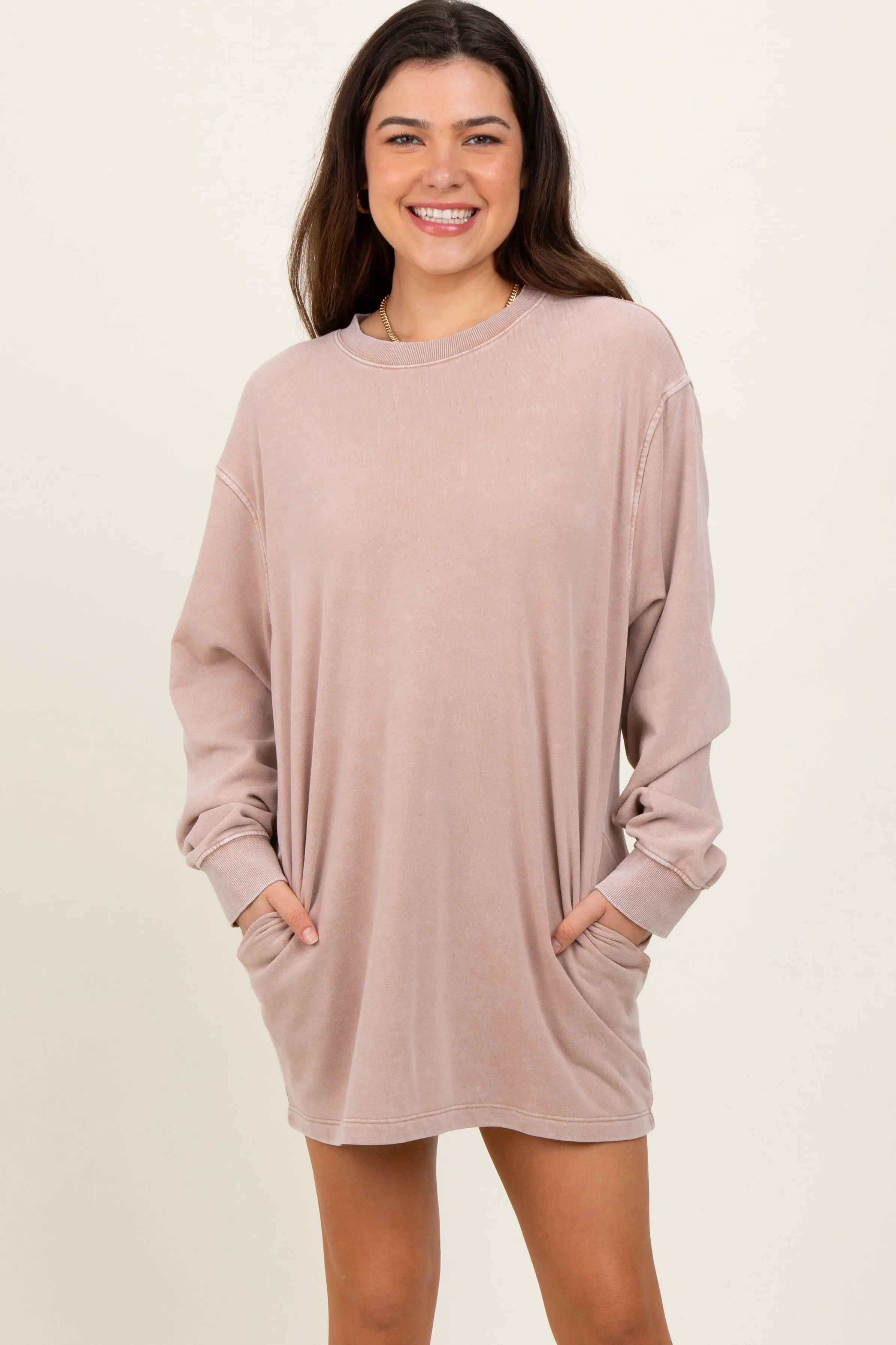 Taupe Long Sleeve Oversized Sweatshirt Mini Dress sold by Pinkblush
