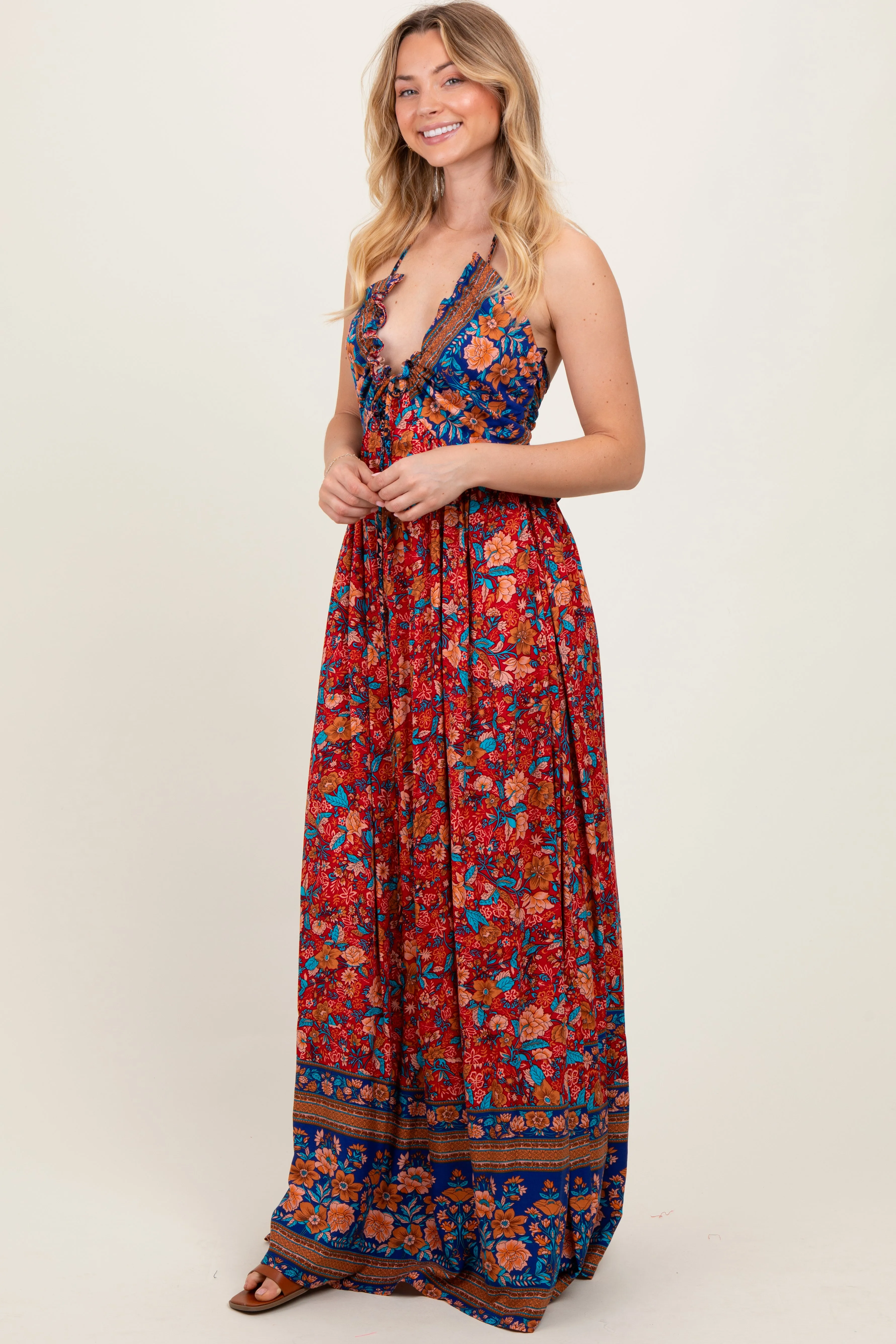 Rust Floral Colorblock Halter Tie Back Maxi Dress sold by Pinkblush product image thumbnail 3