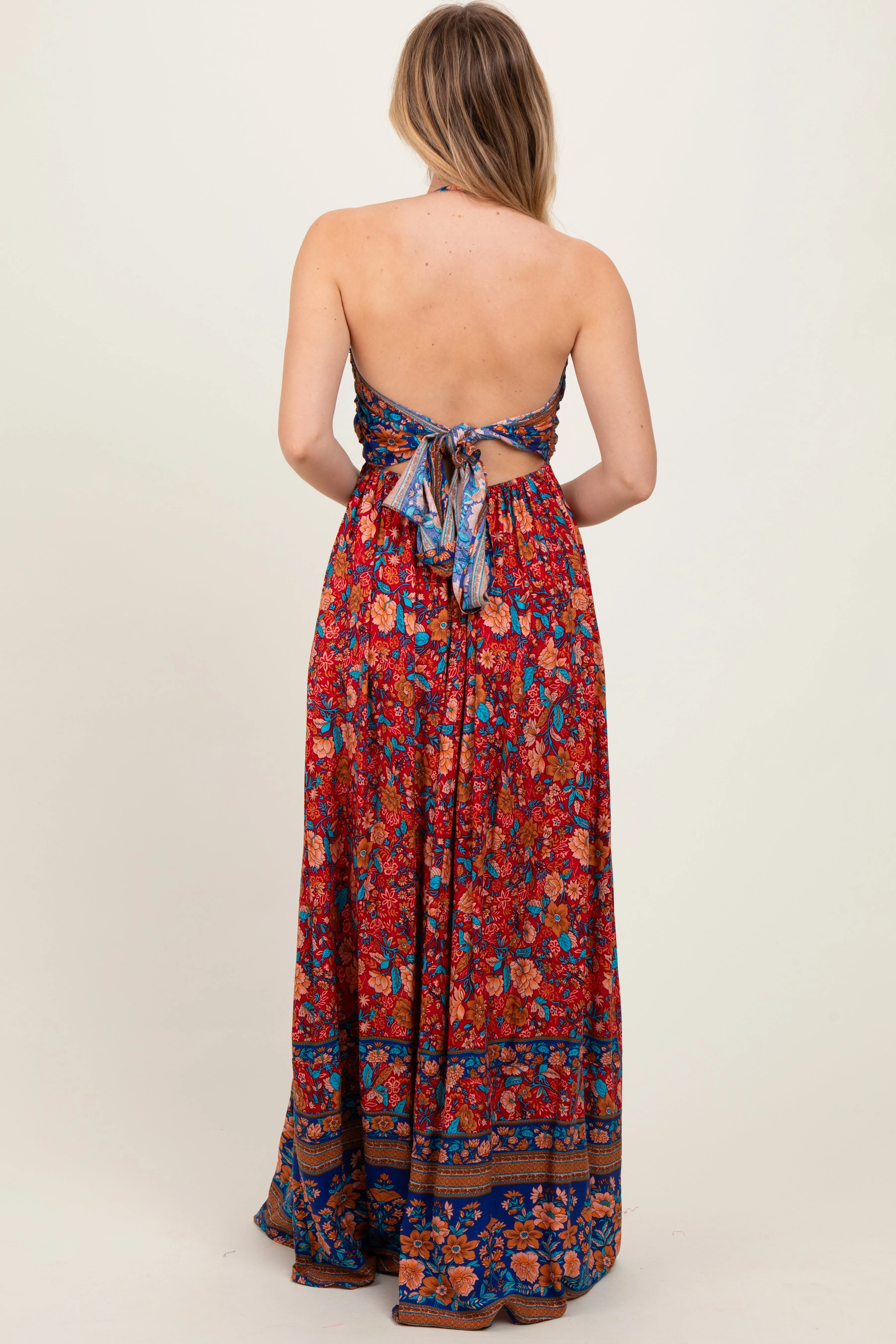 Rust Floral Colorblock Halter Tie Back Maxi Dress sold by Pinkblush product image thumbnail 4