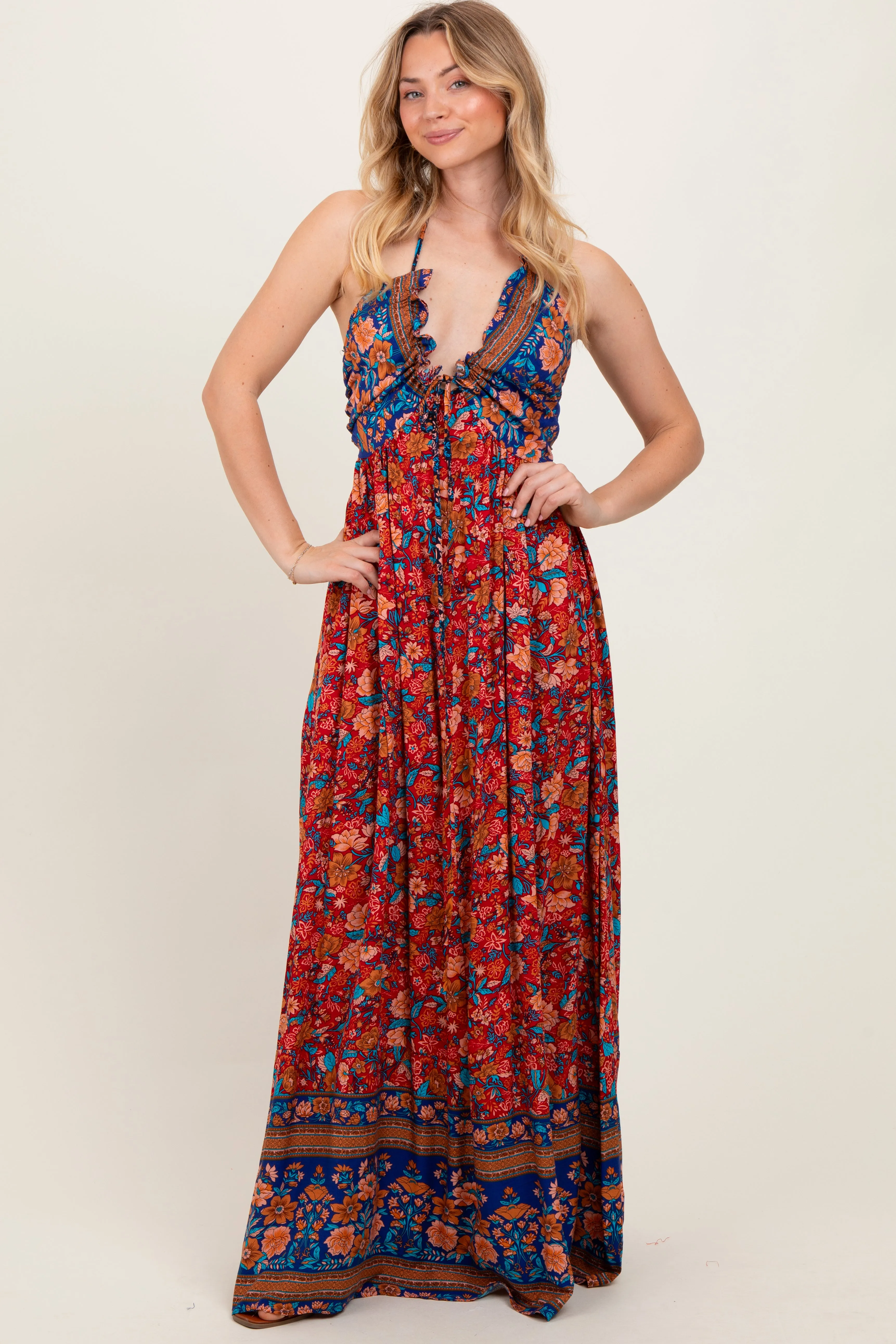 Rust Floral Colorblock Halter Tie Back Maxi Dress sold by Pinkblush