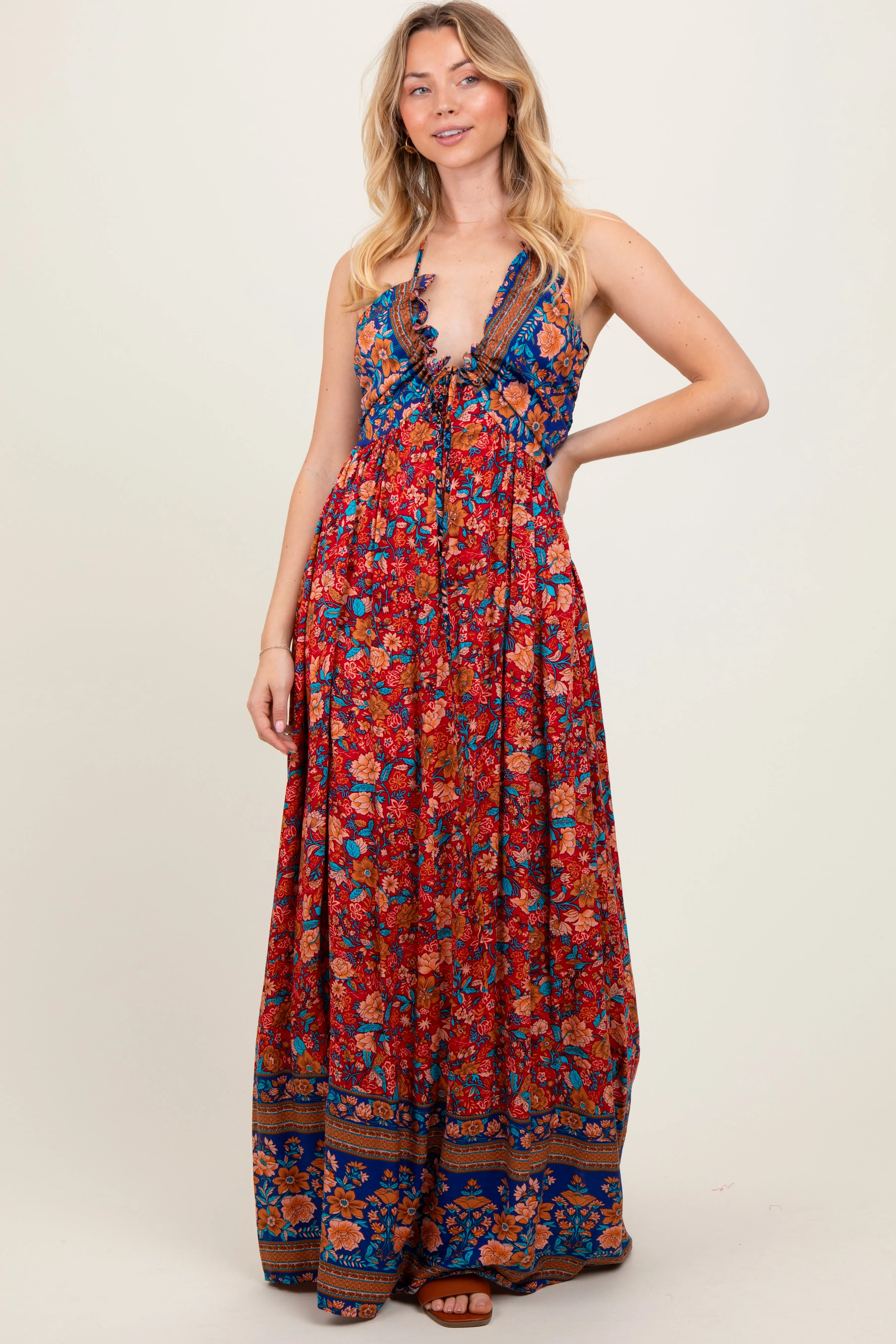 Rust Floral Colorblock Halter Tie Back Maxi Dress sold by Pinkblush product image thumbnail 2