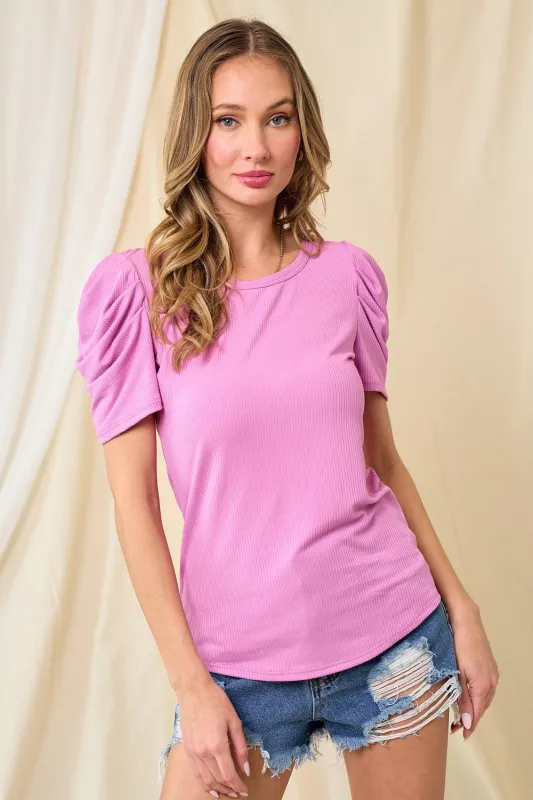 Lavender Ribbed Ruched Short Sleeve Top sold by Pinkblush