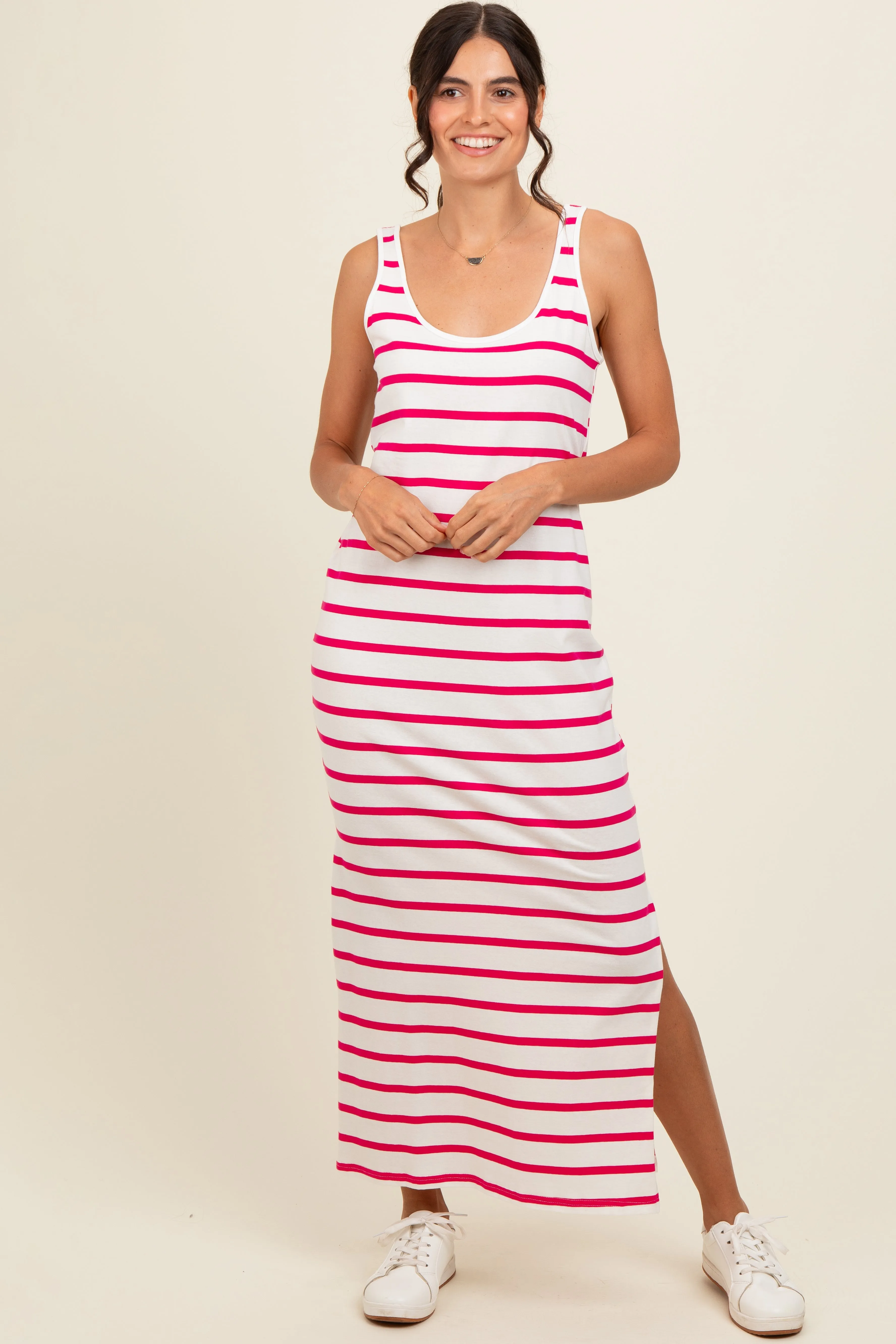 Fuchsia Striped Sleeveless Side Slit Maxi Dress sold by Pinkblush product image thumbnail 2