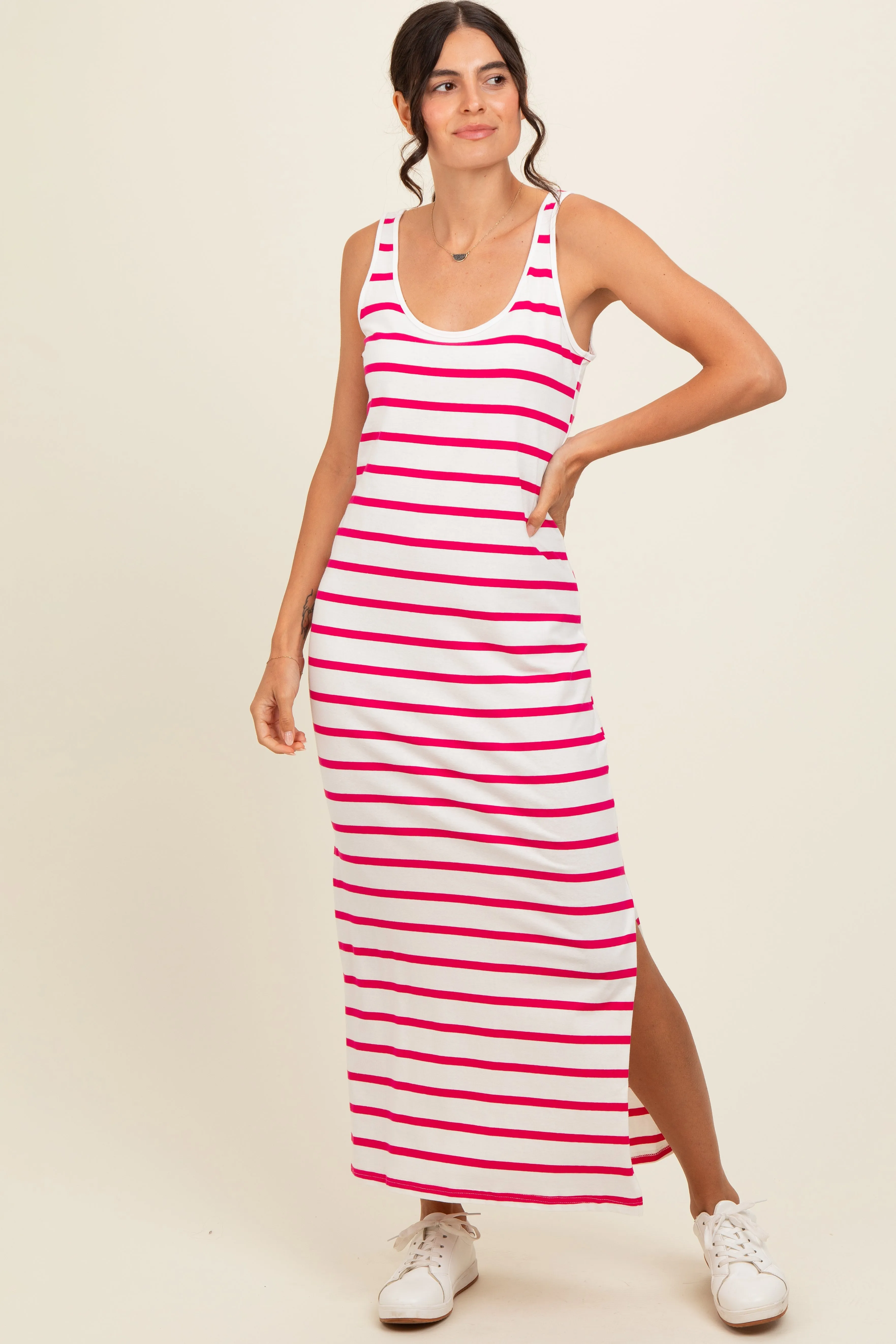 Fuchsia Striped Sleeveless Side Slit Maxi Dress sold by Pinkblush