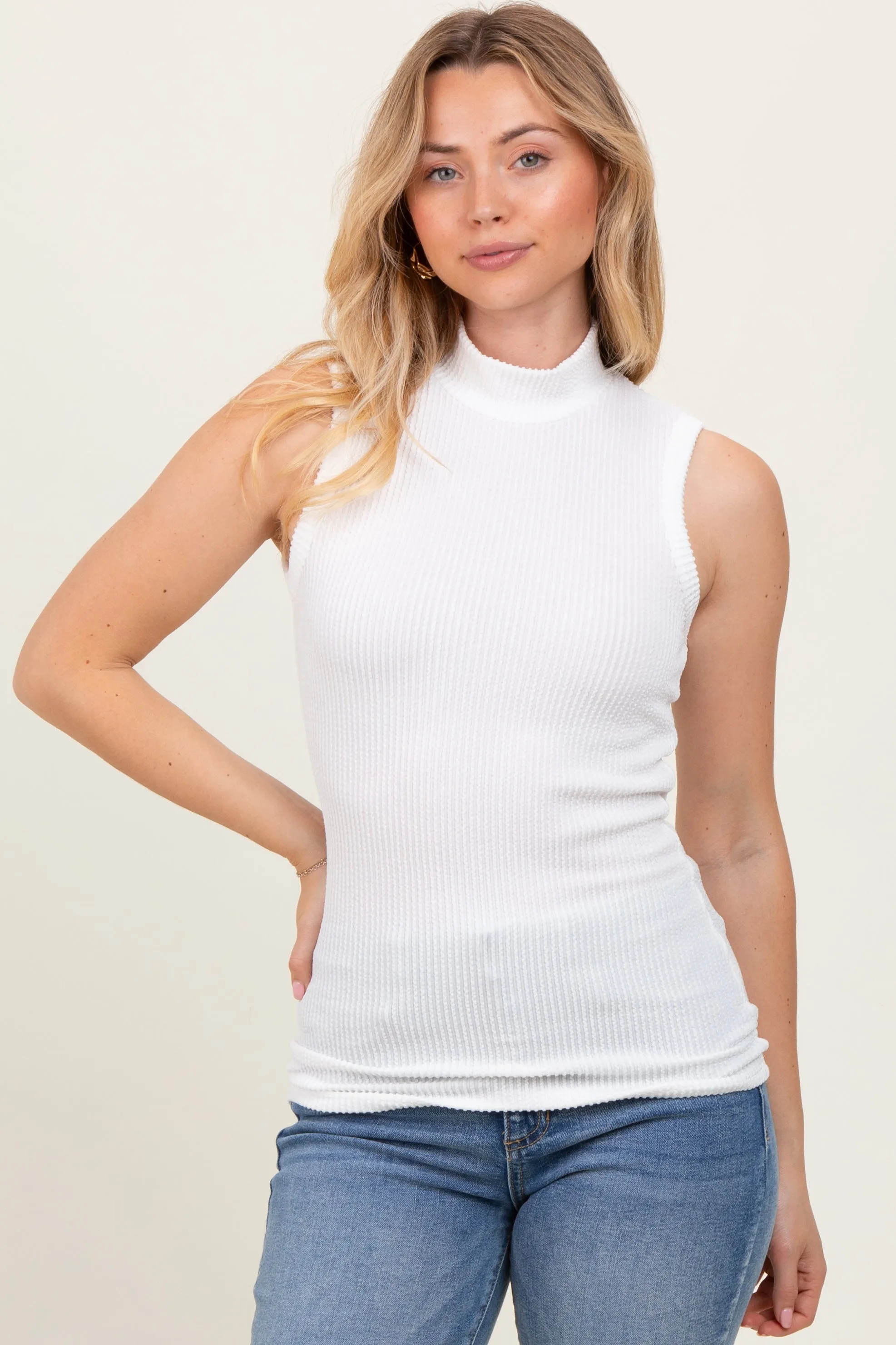 Ivory Striped Ribbed Mock Neck Sleeveless Top sold by Pinkblush