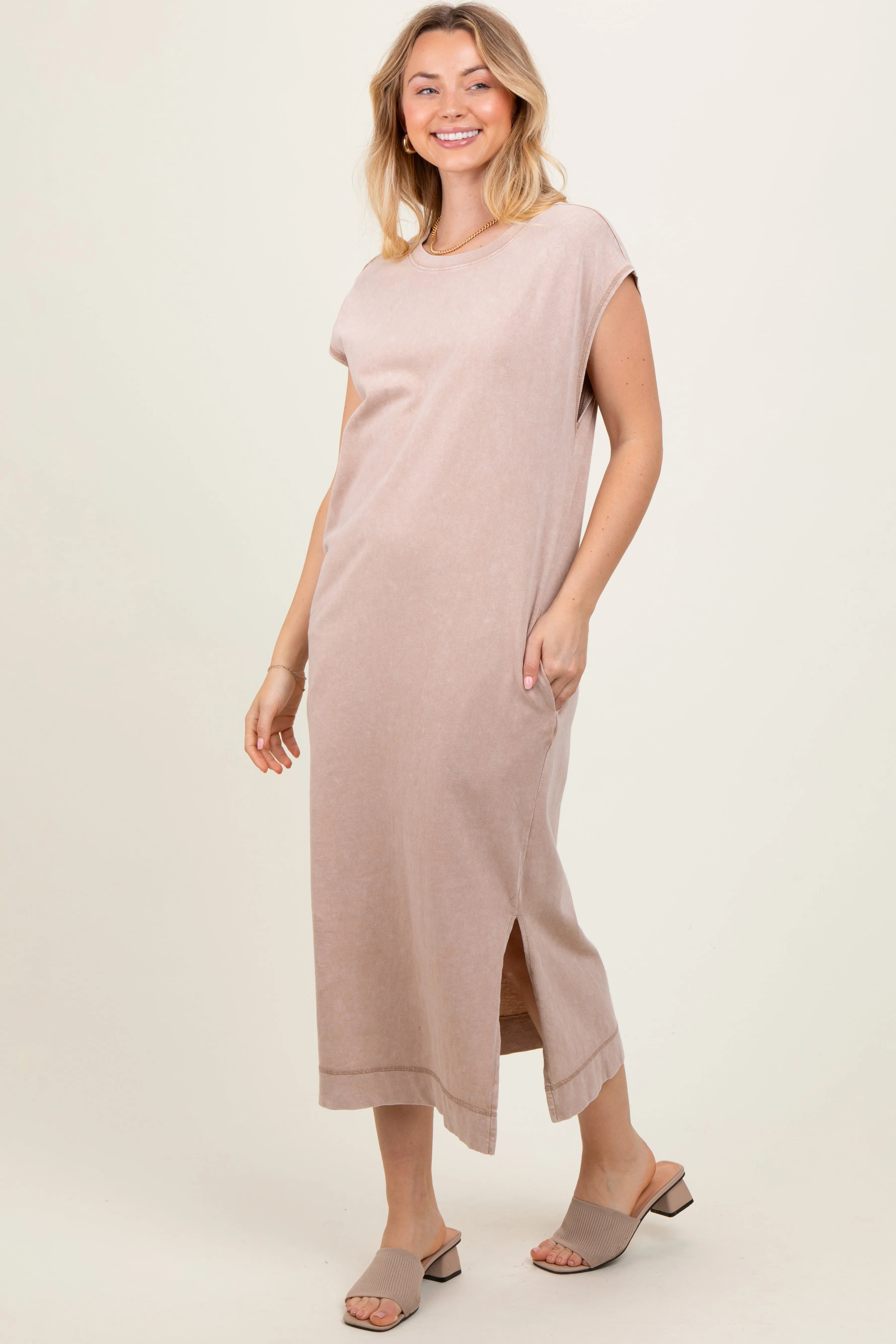 Taupe Casual Sleeveless Pocketed Midi Dress sold by Pinkblush product image thumbnail 3