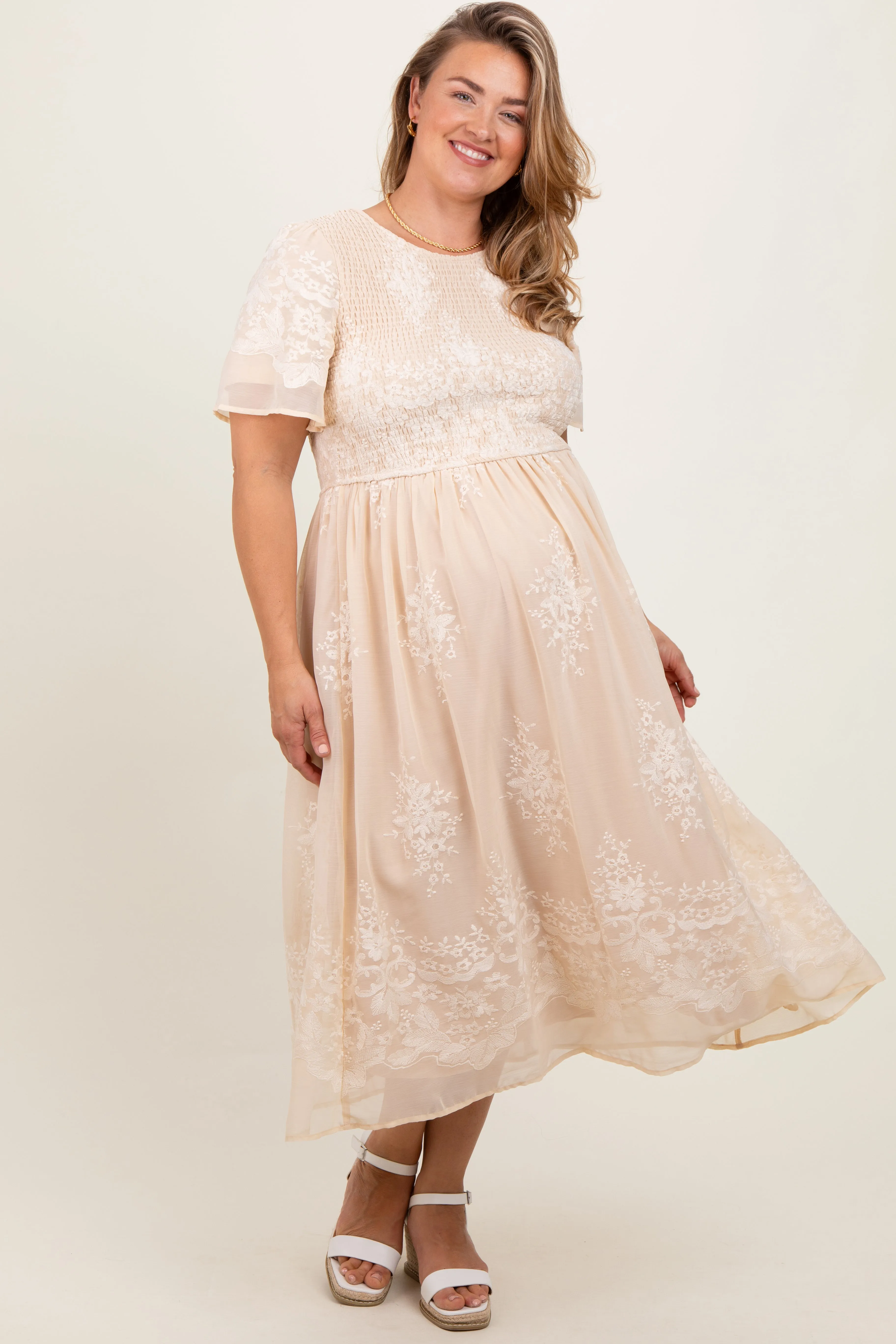 Cream Embroidered Smocked Maternity Plus Midi Dress sold by Pinkblush product image thumbnail 2