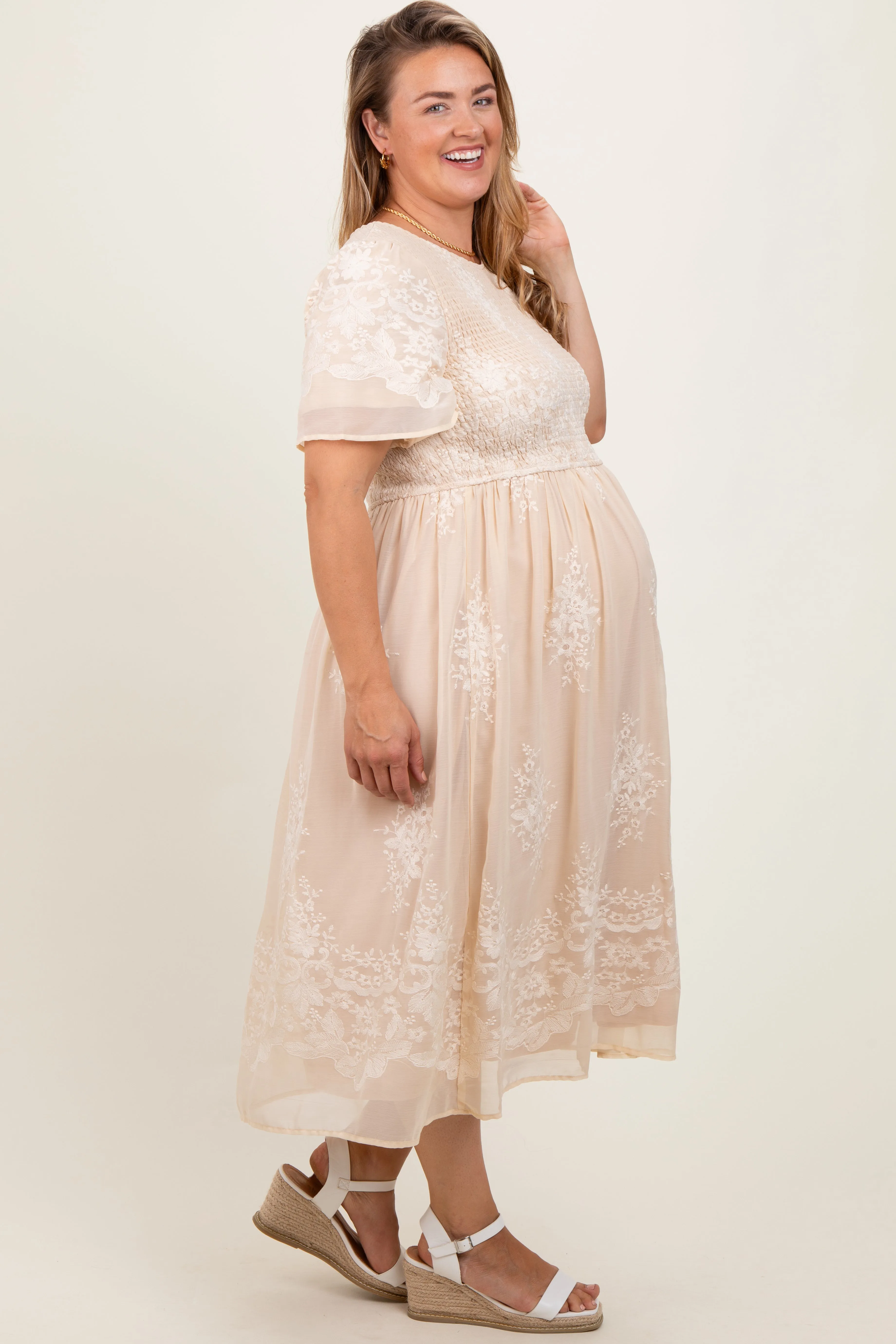 Cream Embroidered Smocked Maternity Plus Midi Dress sold by Pinkblush product image thumbnail 3