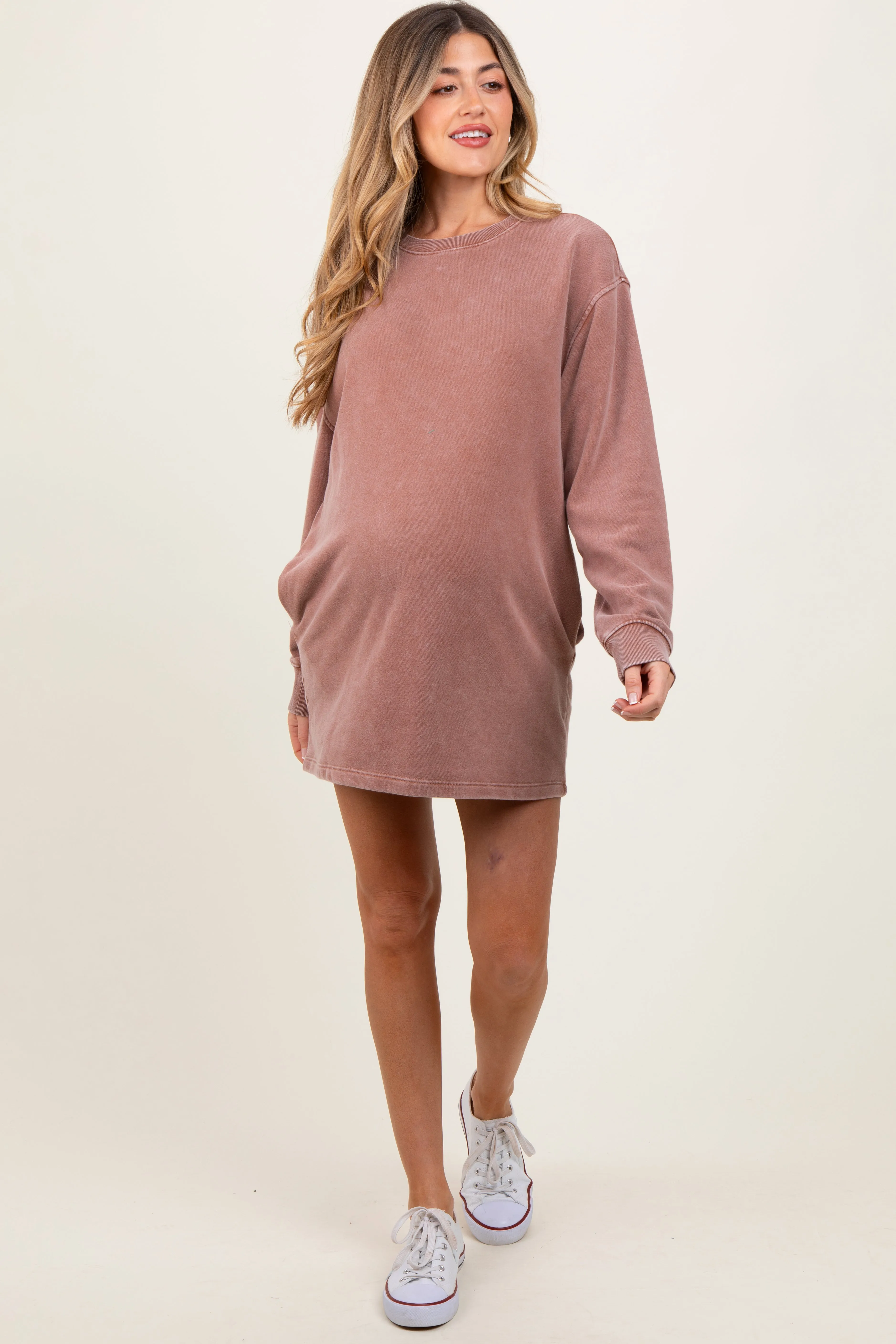 Camel Long Sleeve Oversized Sweatshirt Maternity Mini Dress sold by Pinkblush product image thumbnail 2