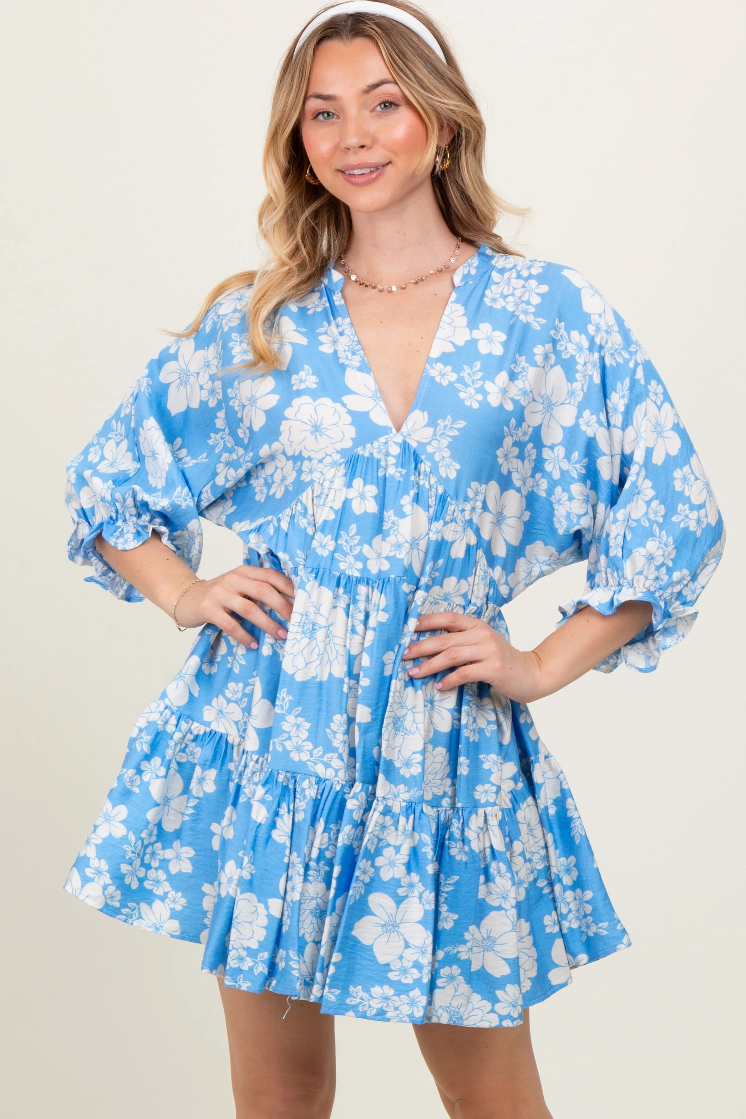 Light Blue Floral Deep V-Neck Mini Dress sold by Pinkblush