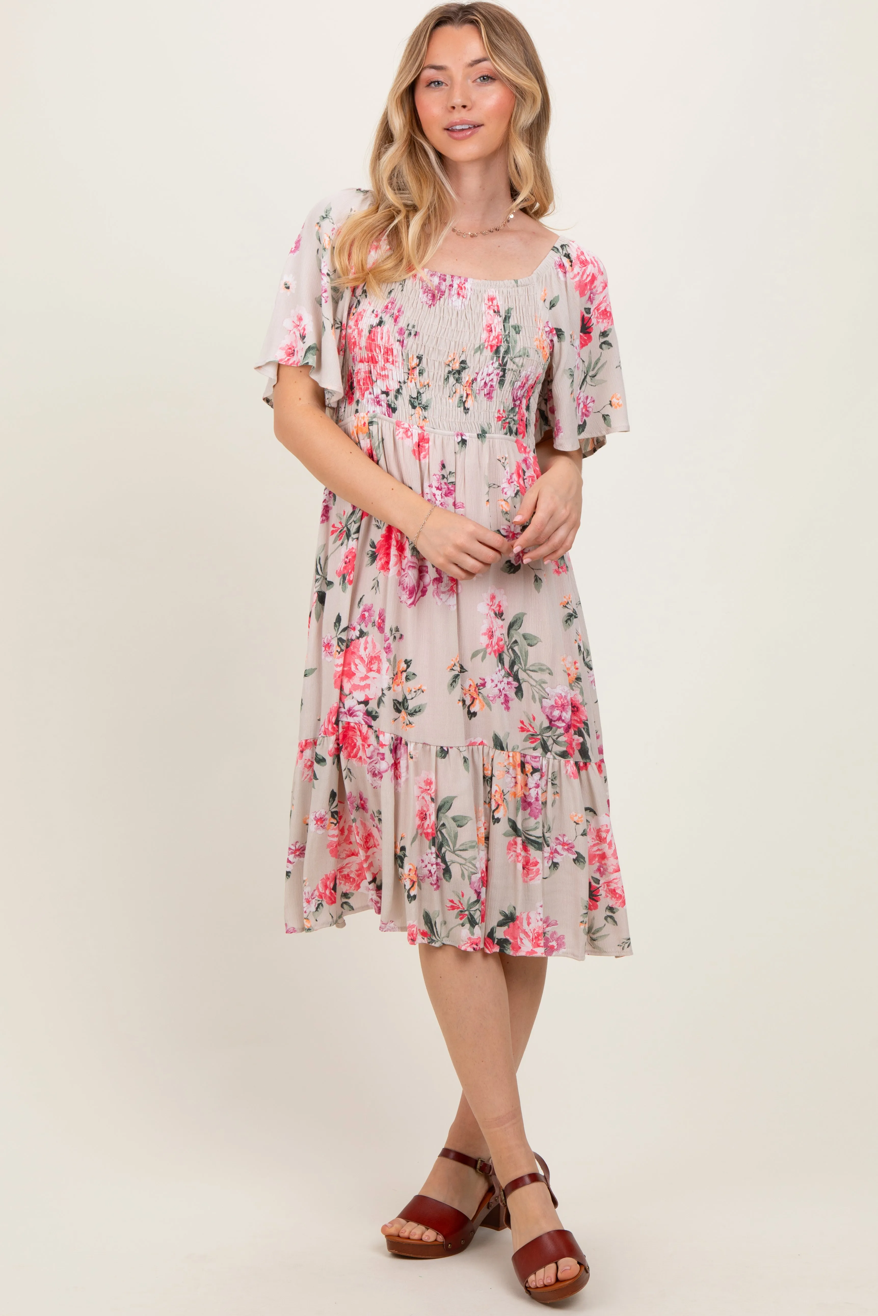 Pink Floral Smocked Maternity Midi Dress sold by Pinkblush product image thumbnail 4