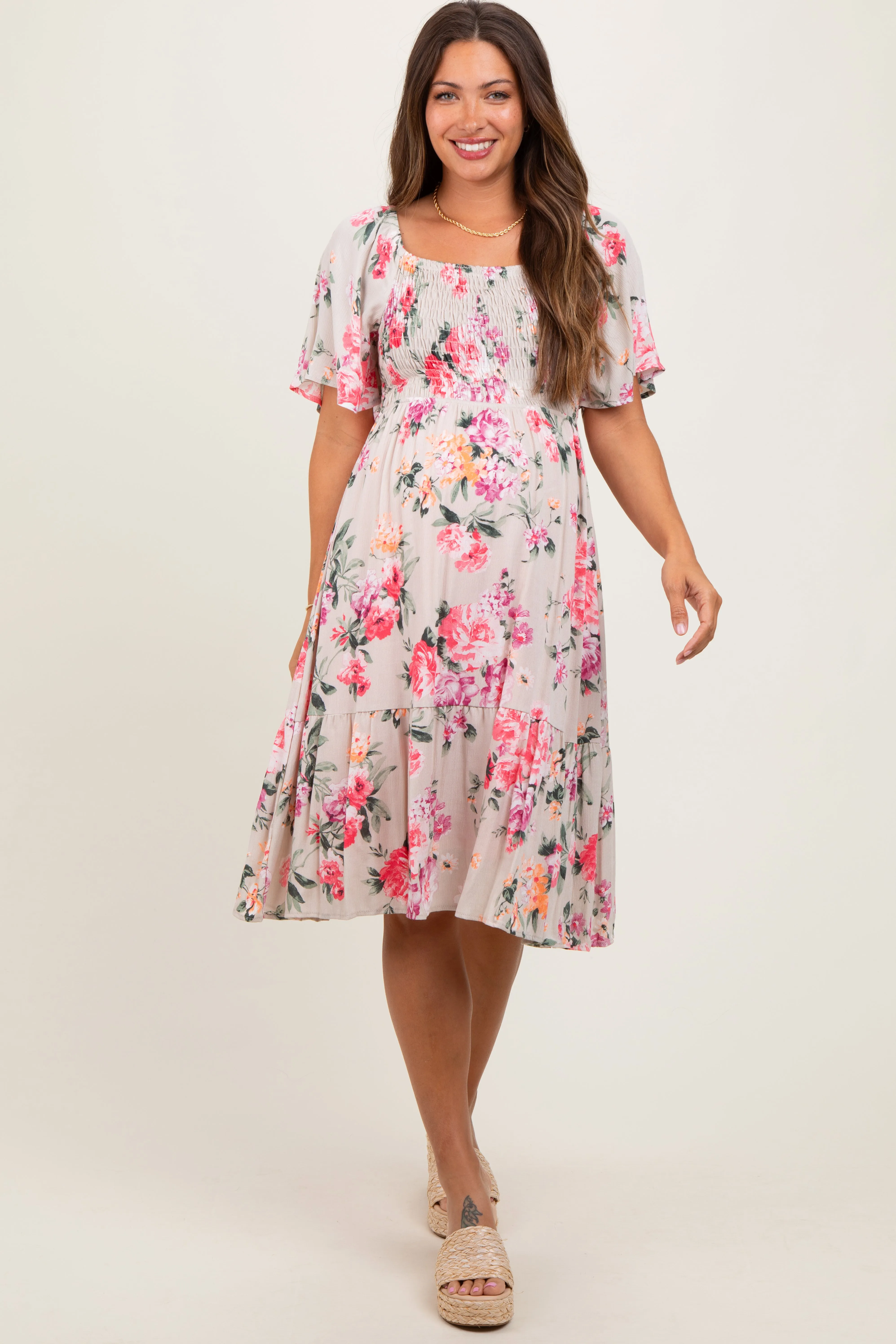 Pink Floral Smocked Maternity Midi Dress sold by Pinkblush