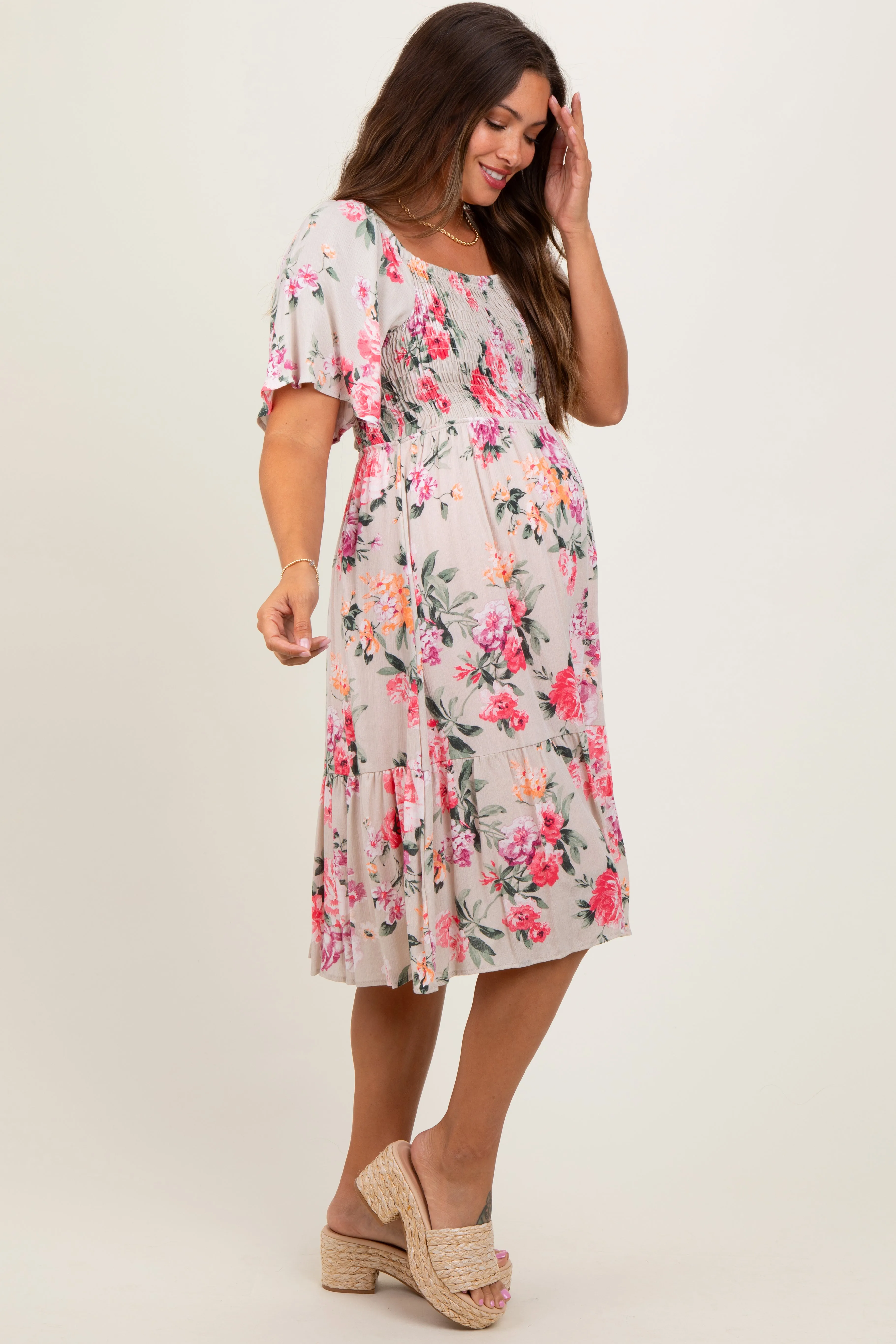 Pink Floral Smocked Maternity Midi Dress sold by Pinkblush product image thumbnail 2