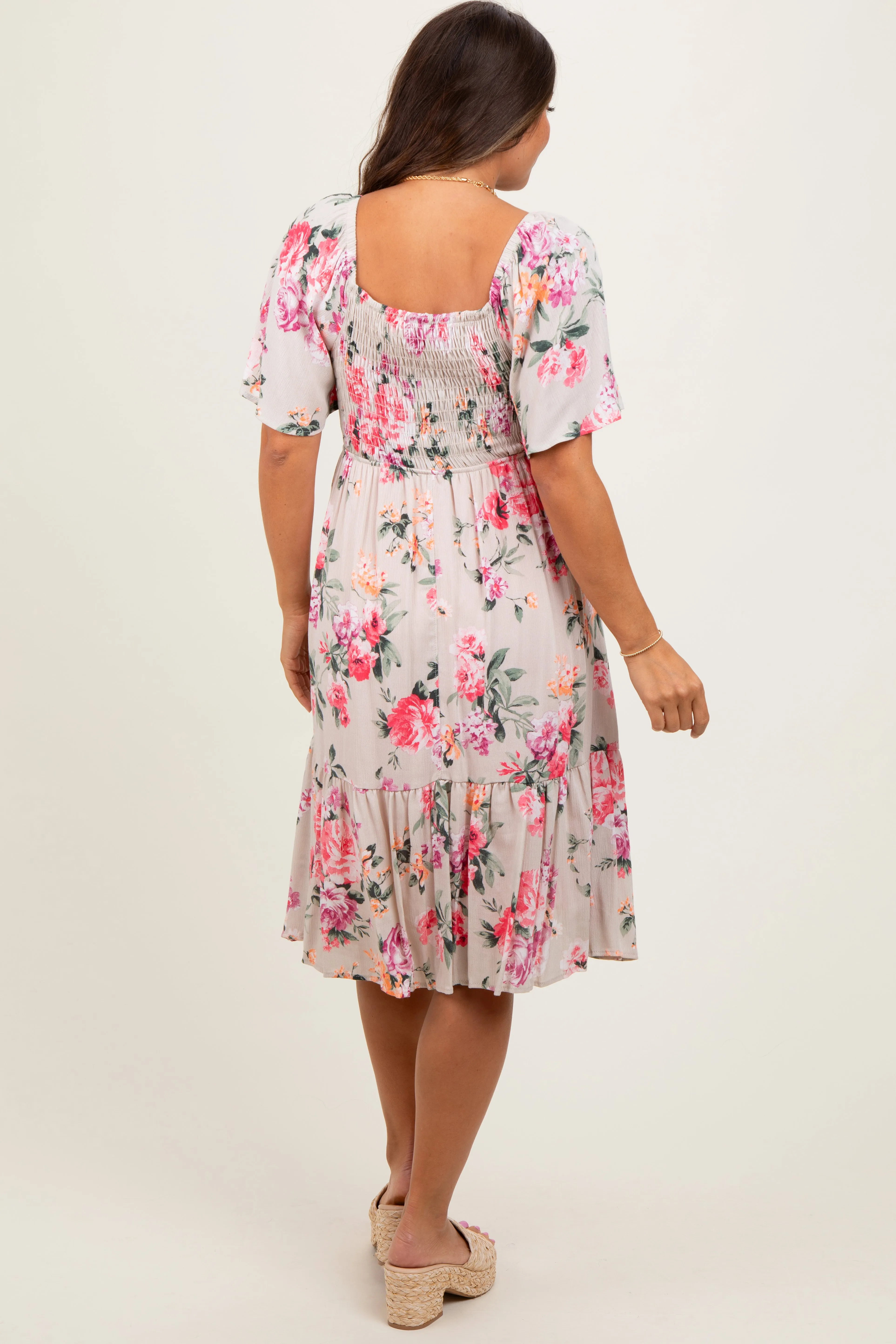Pink Floral Smocked Maternity Midi Dress sold by Pinkblush product image thumbnail 3