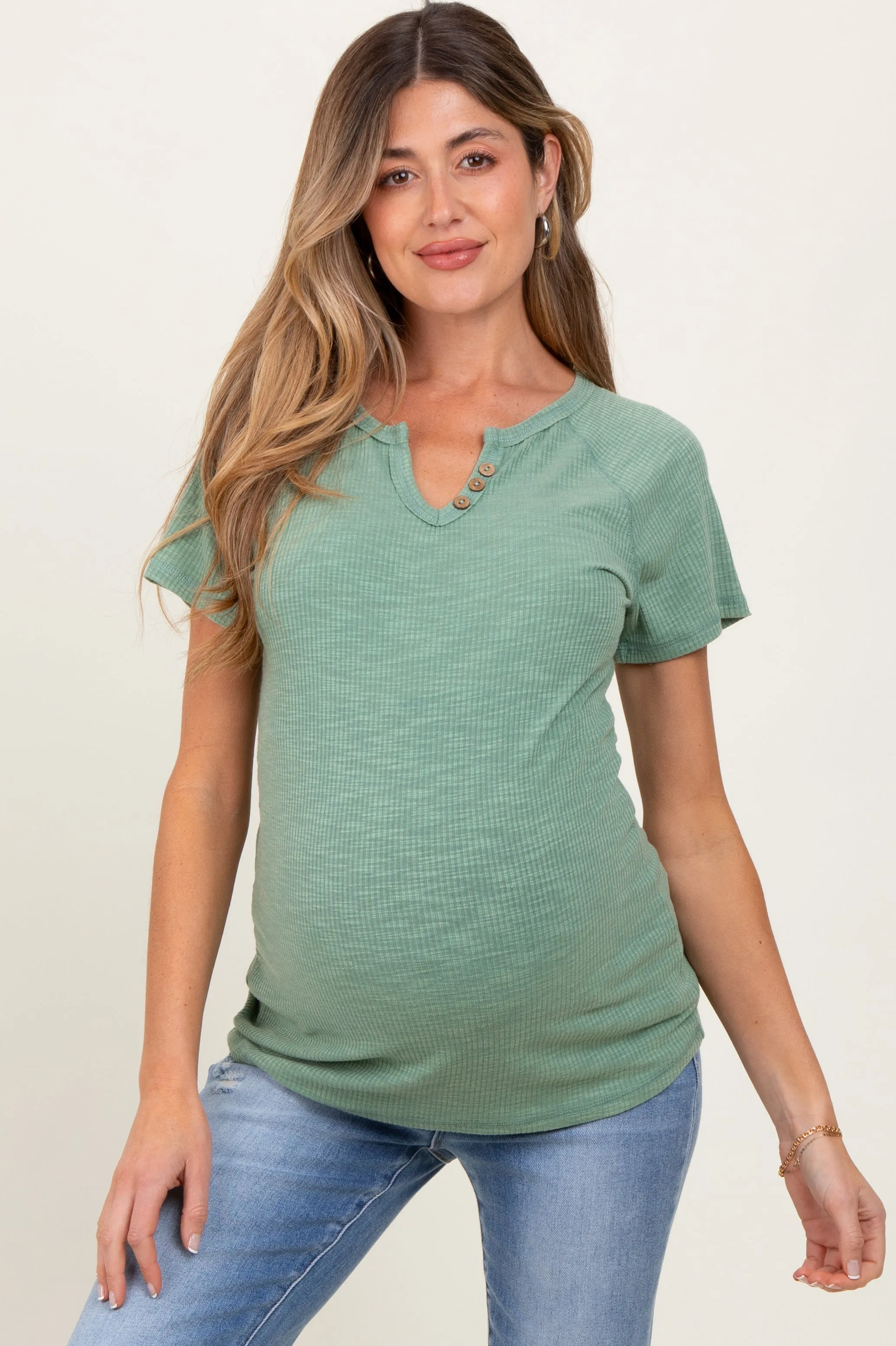 Light Olive Ribbed Split Neckline Short Sleeve Maternity Top sold by Pinkblush