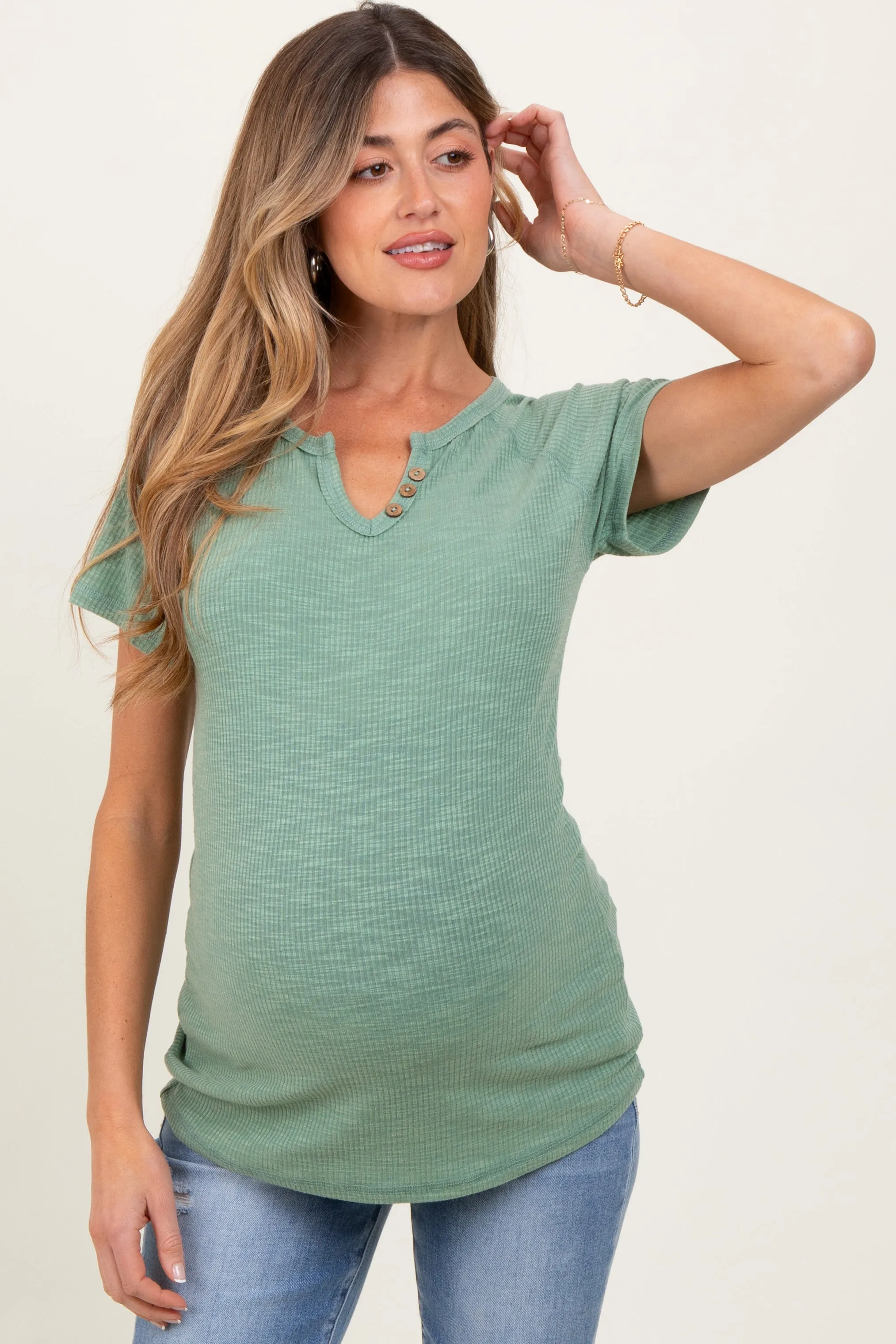 Light Olive Ribbed Split Neckline Short Sleeve Maternity Top sold by Pinkblush product image thumbnail 2