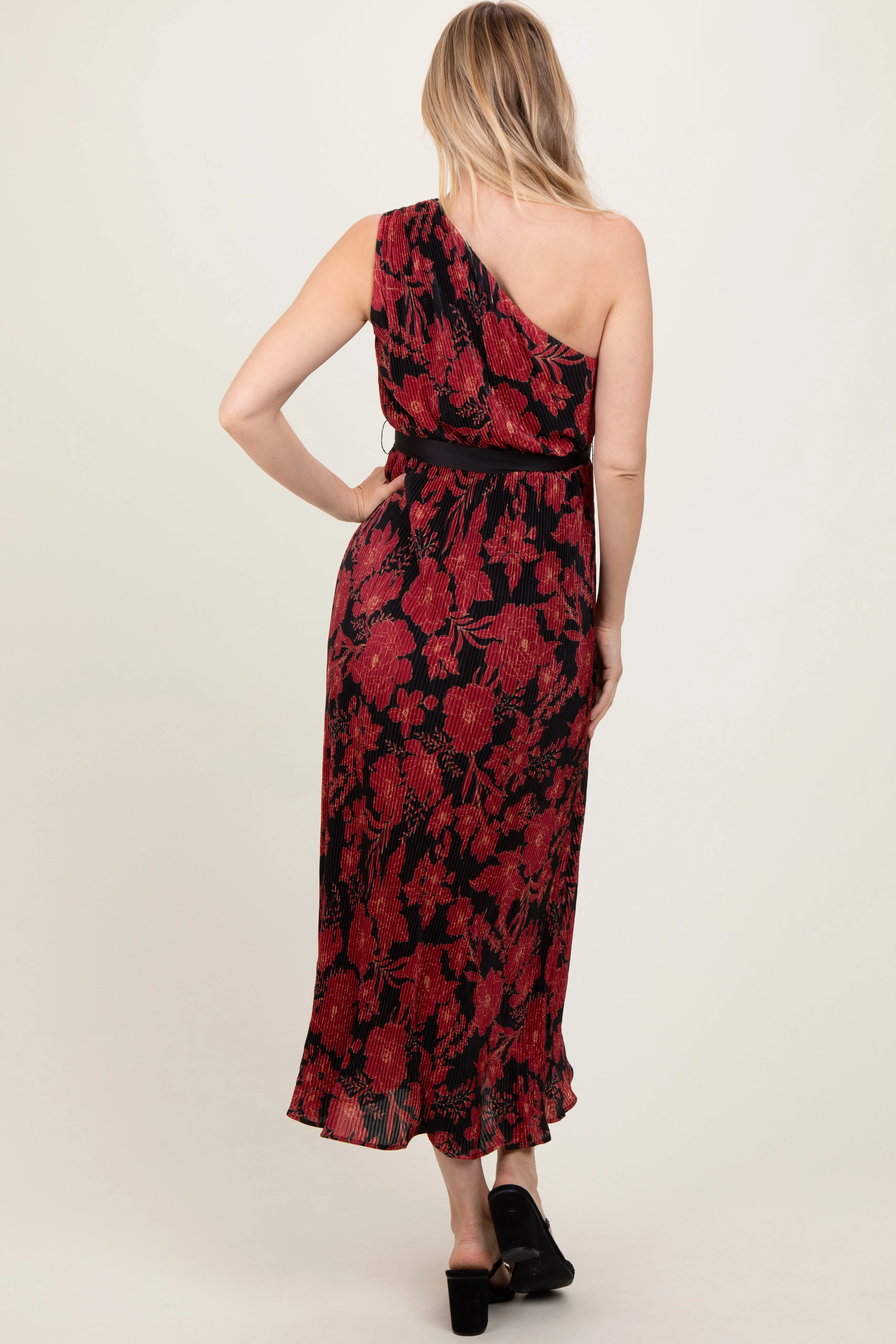 Red Floral Print Plisse One Shoulder Maxi Dress sold by Pinkblush product image thumbnail 4