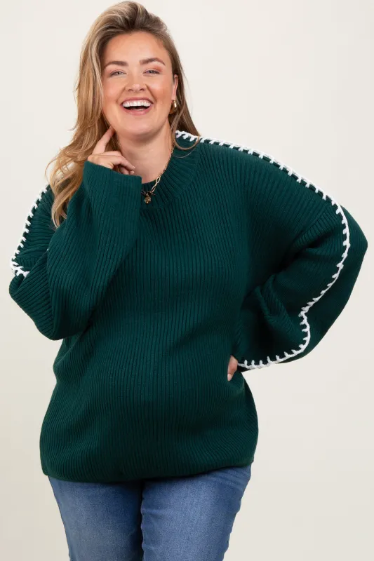 Hunter Green Contrast Stitch Maternity Plus Sweater sold by Pinkblush