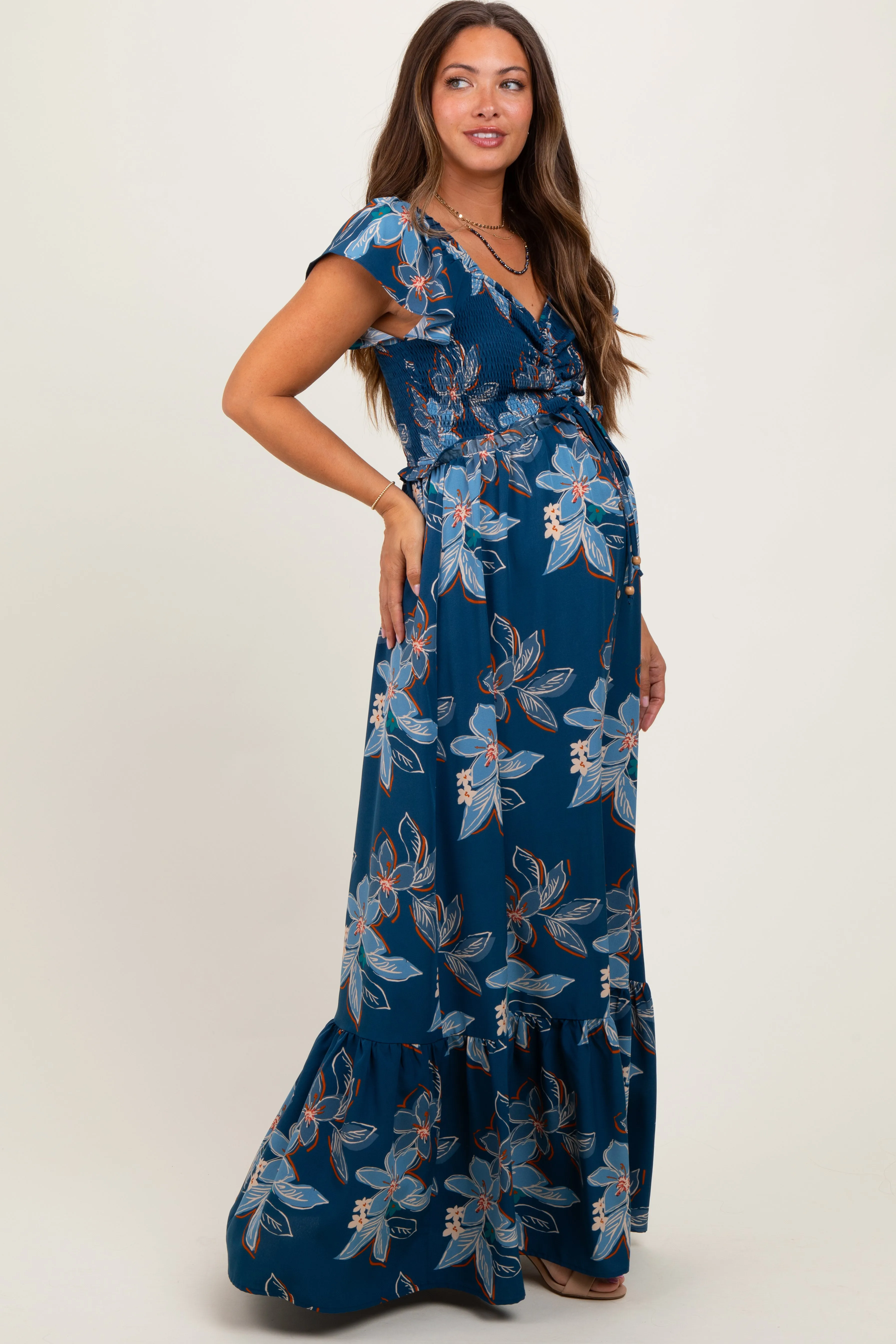 Navy Floral Smocked Cinched Top Maternity Maxi Dress sold by Pinkblush product image thumbnail 3