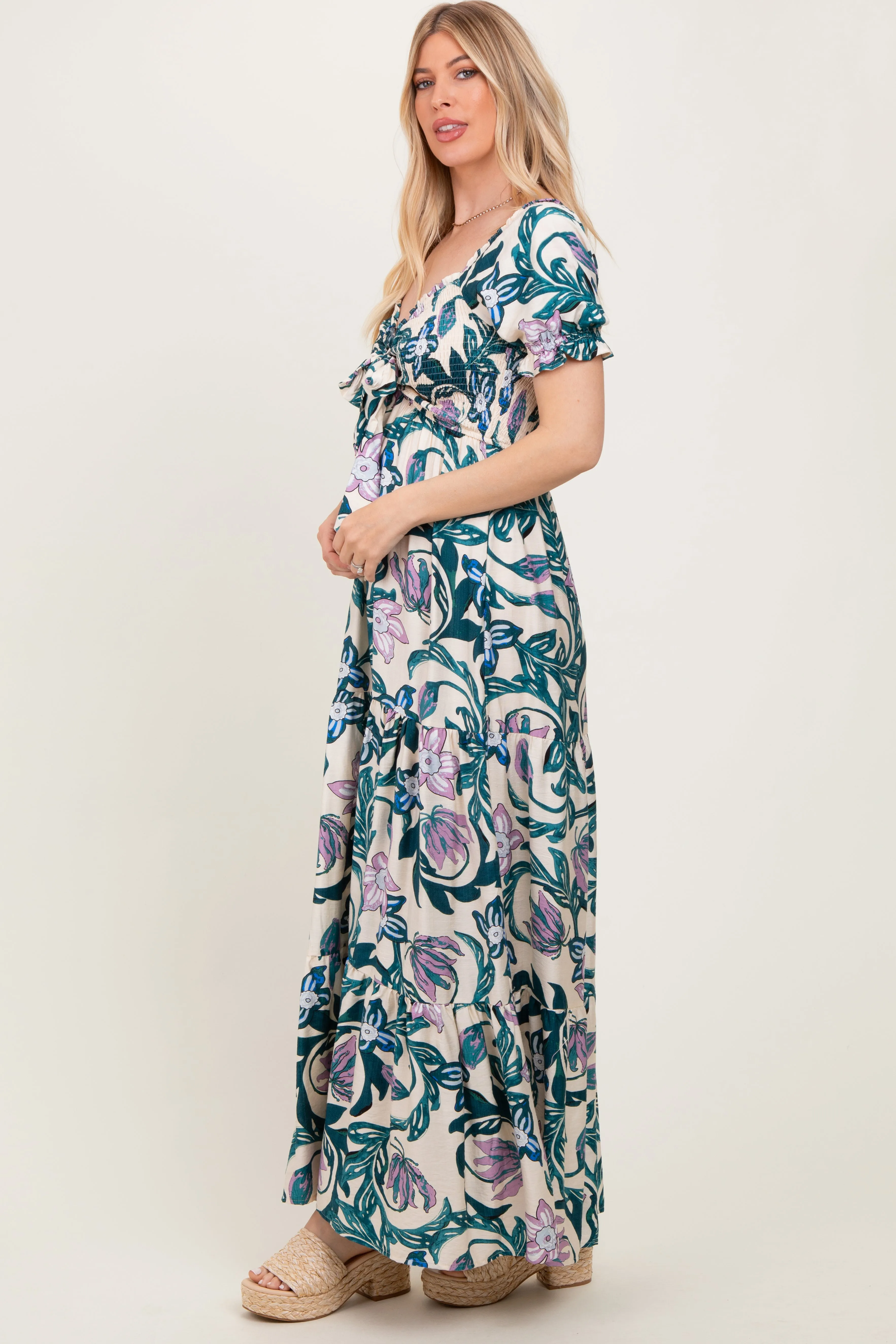 Teal Floral Smocked Front Tie Maxi Dress sold by Pinkblush product image thumbnail 3