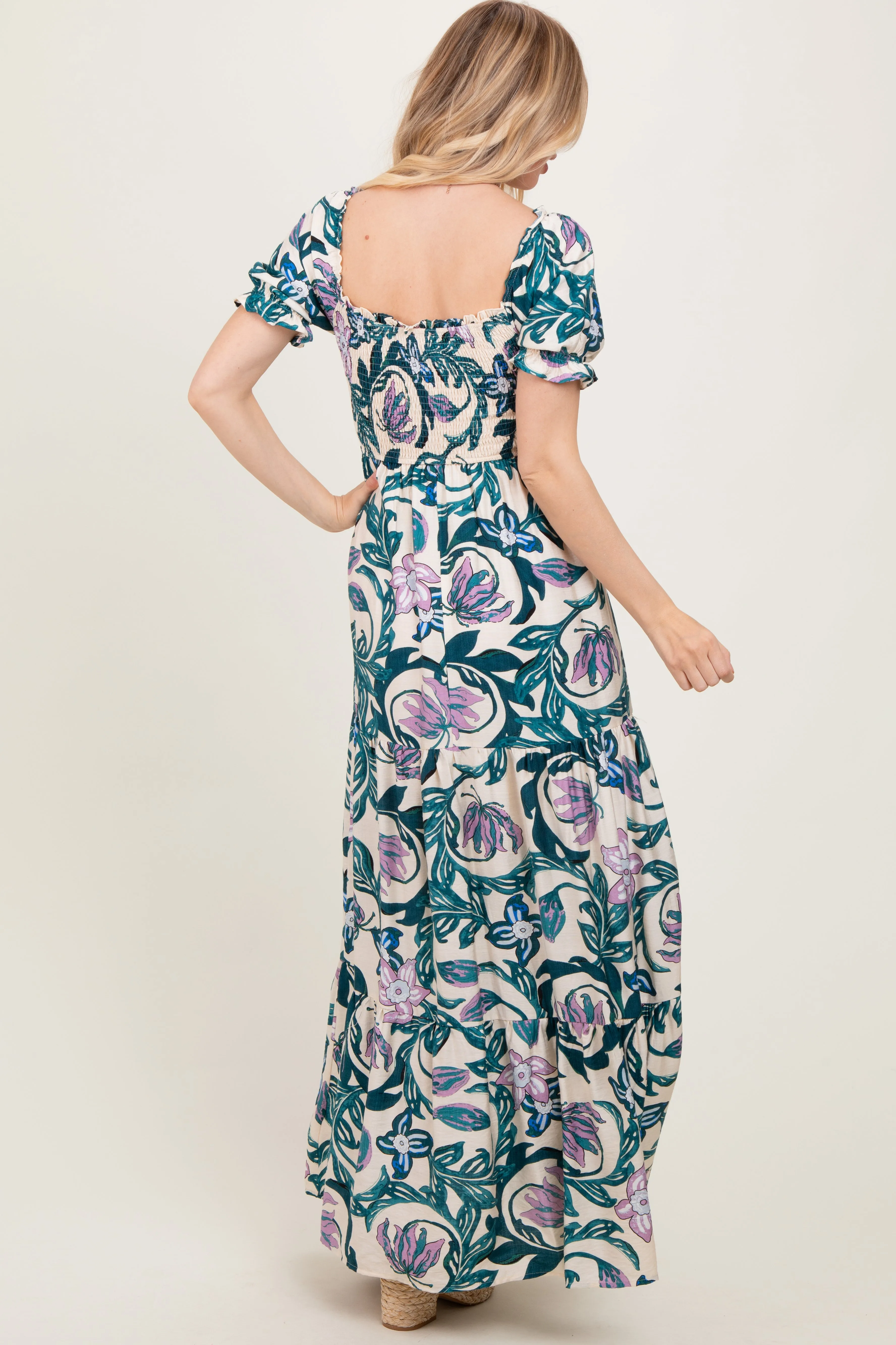 Teal Floral Smocked Front Tie Maxi Dress sold by Pinkblush product image thumbnail 4