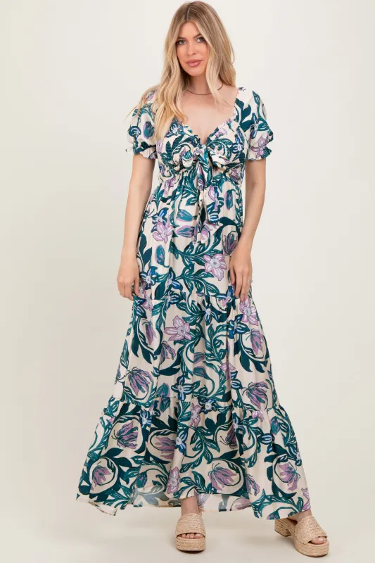Teal Floral Smocked Front Tie Maxi Dress sold by Pinkblush