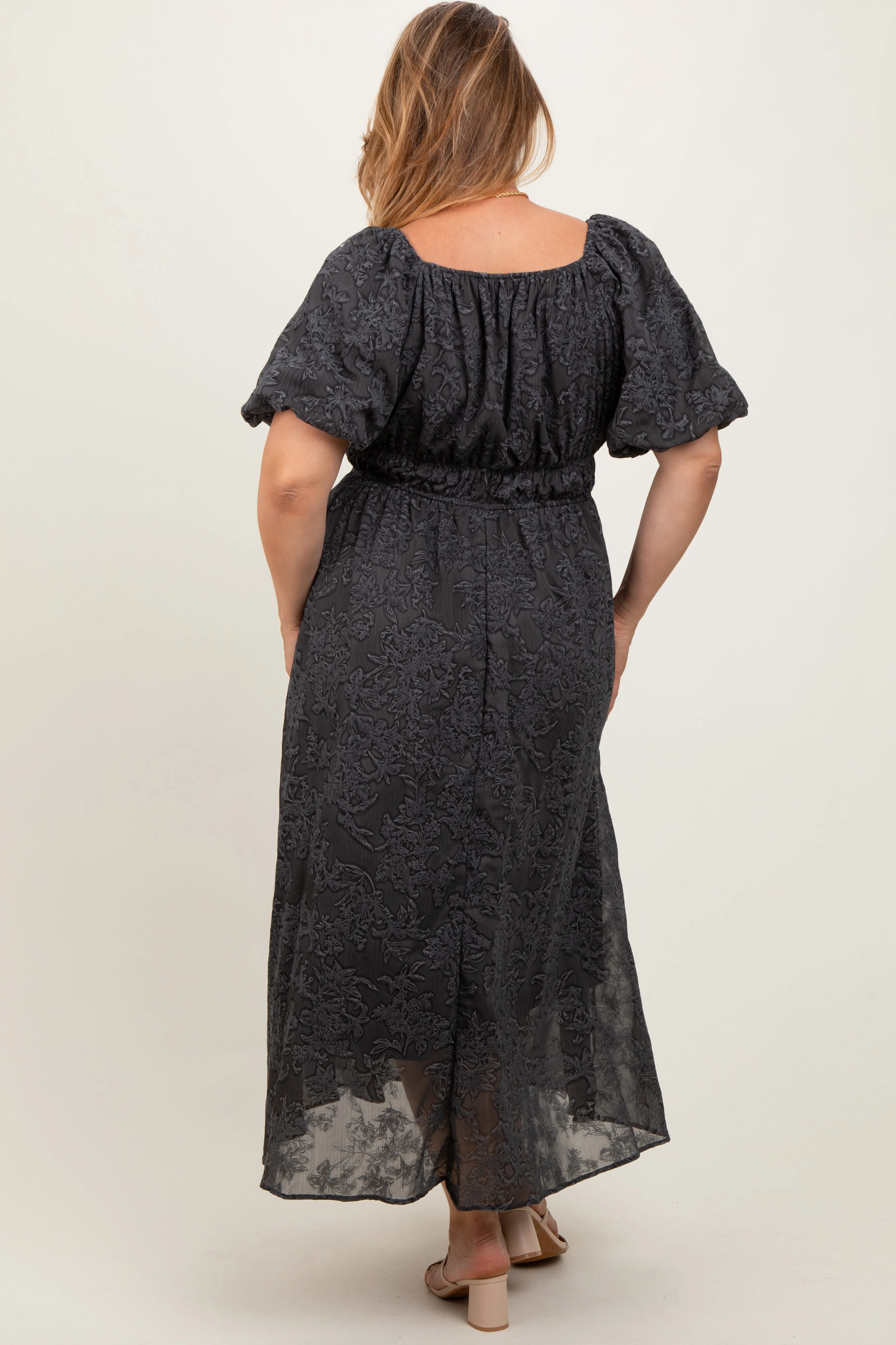 Charcoal Floral Square Neck Bubble Sleeve Maternity Plus Midi Dress sold by Pinkblush product image thumbnail 3