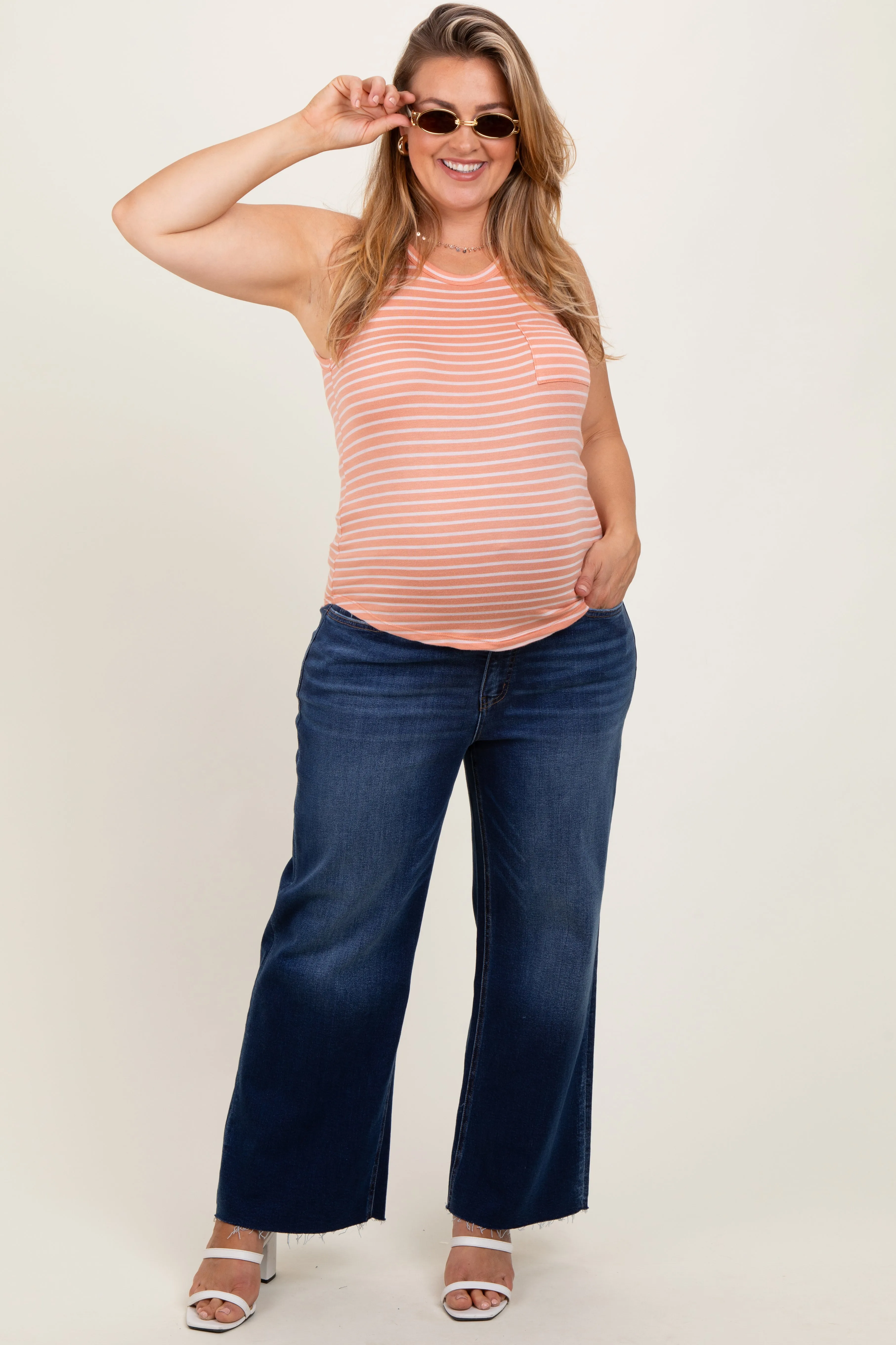 Navy Blue Raw Hem Wide Leg Maternity Plus Jeans sold by Pinkblush
