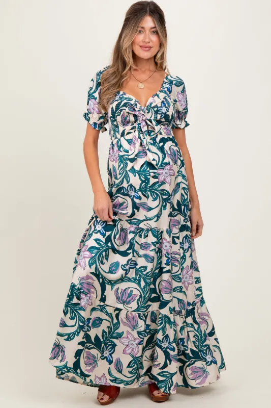 Teal Floral Smocked Front Tie Maternity Maxi Dress sold by Pinkblush
