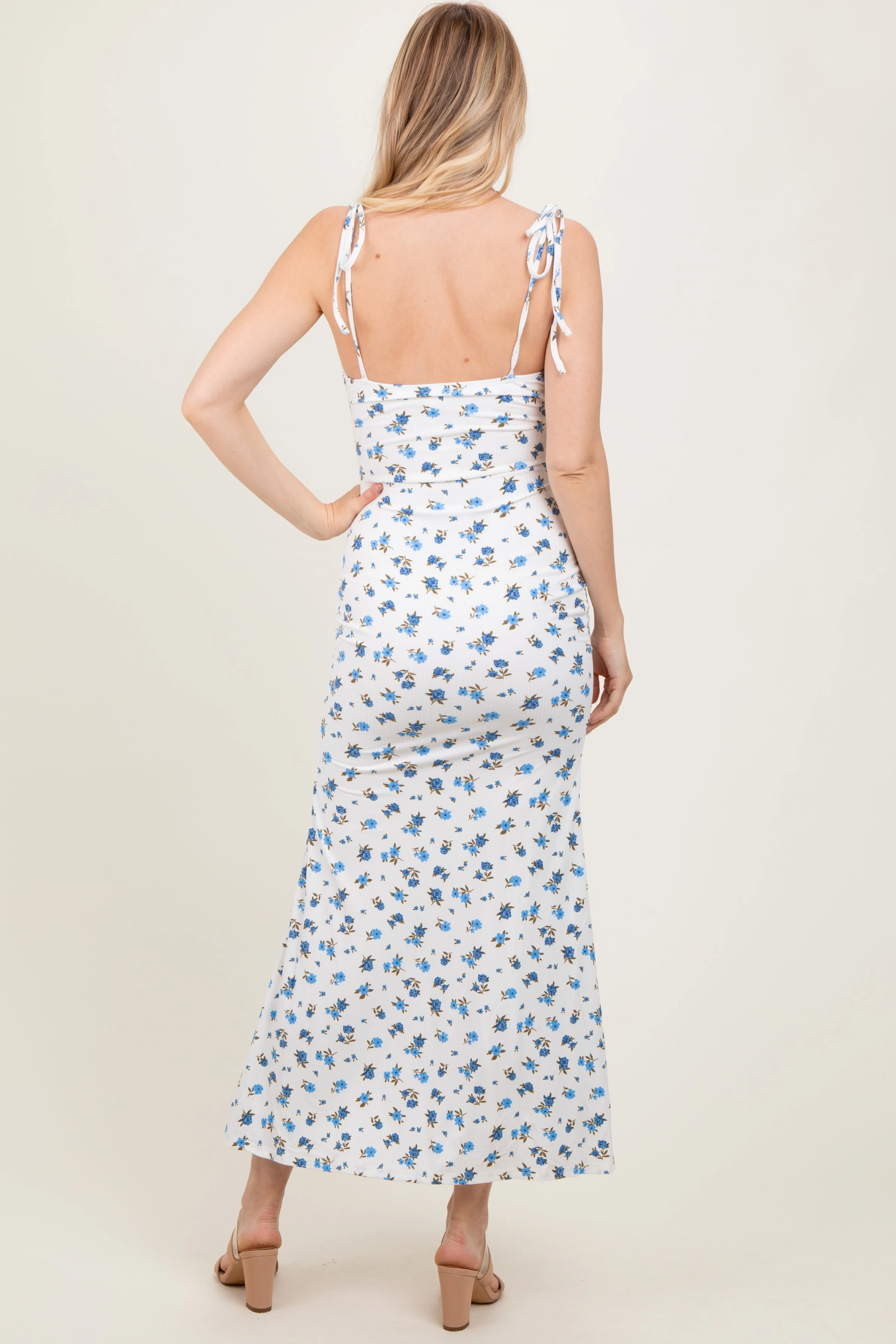 Blue Ribbed Floral Shoulder Tie Maxi Dress sold by Pinkblush product image thumbnail 4