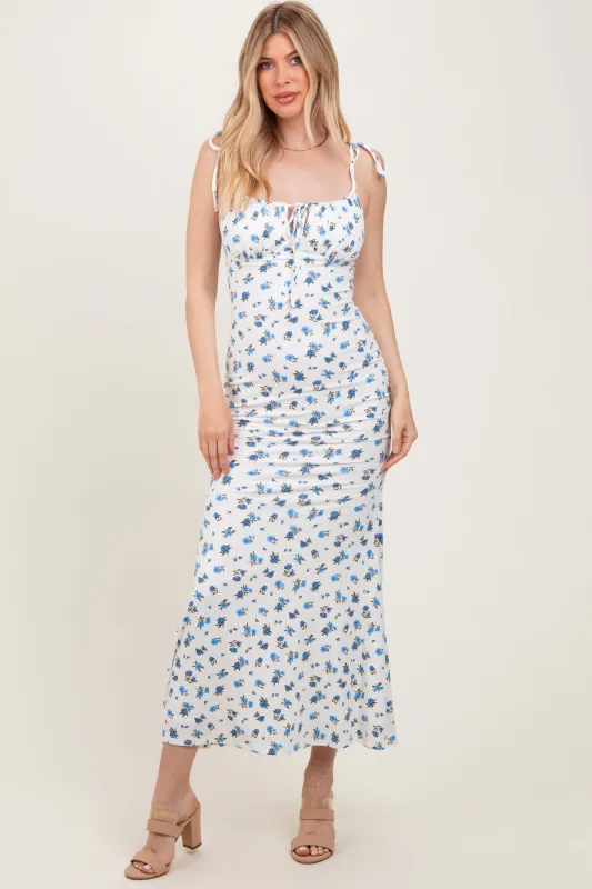 Blue Ribbed Floral Shoulder Tie Maxi Dress sold by Pinkblush