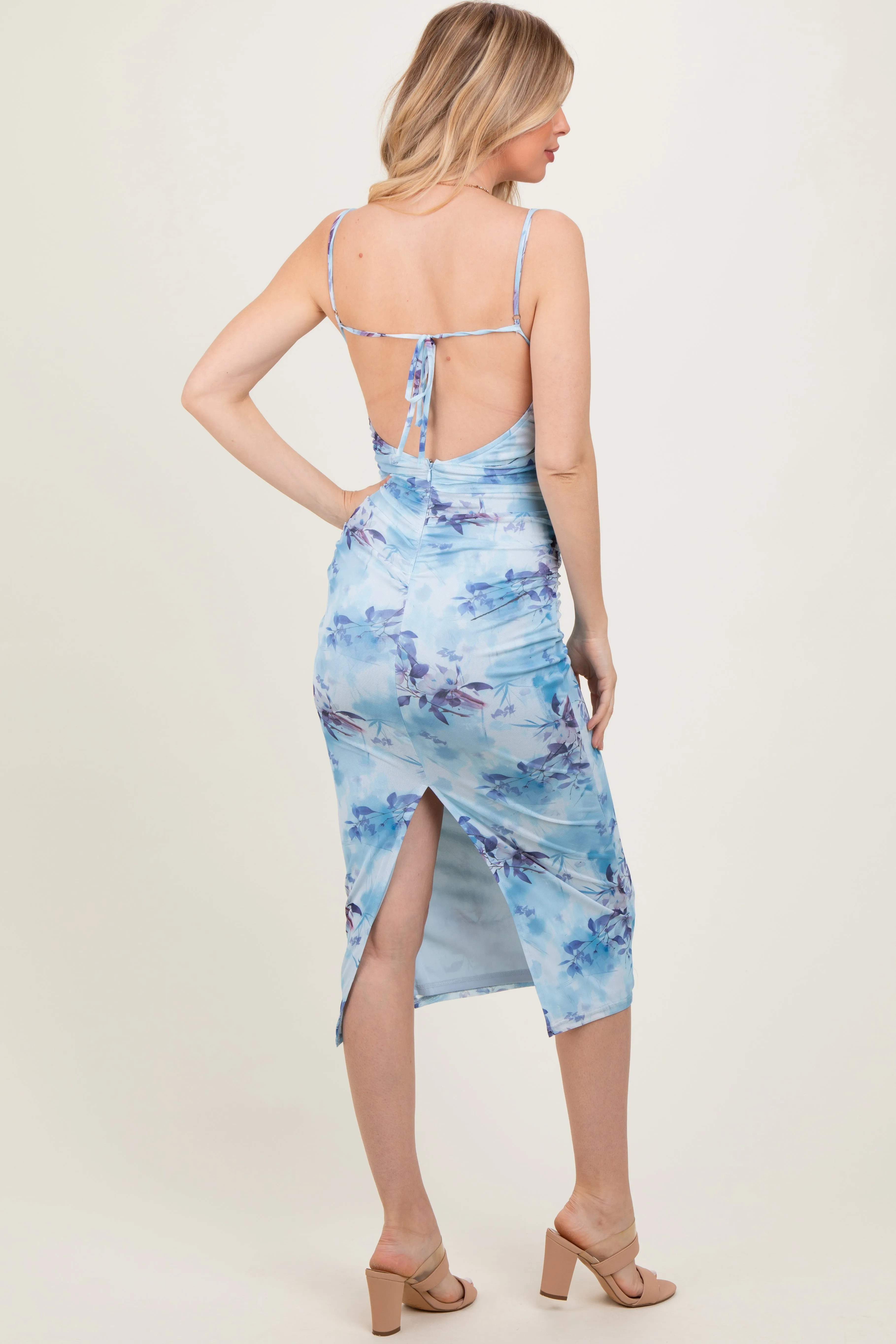 Light Blue Floral Ruched Low Tie Back Midi Dress sold by Pinkblush product image thumbnail 4