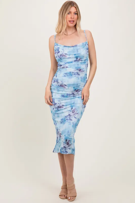 Light Blue Floral Ruched Low Tie Back Midi Dress made by Pinkblush