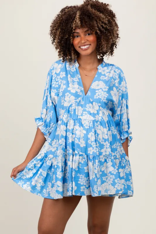 Light Blue Floral Deep V-Neck Maternity Mini Dress sold by Pinkblush