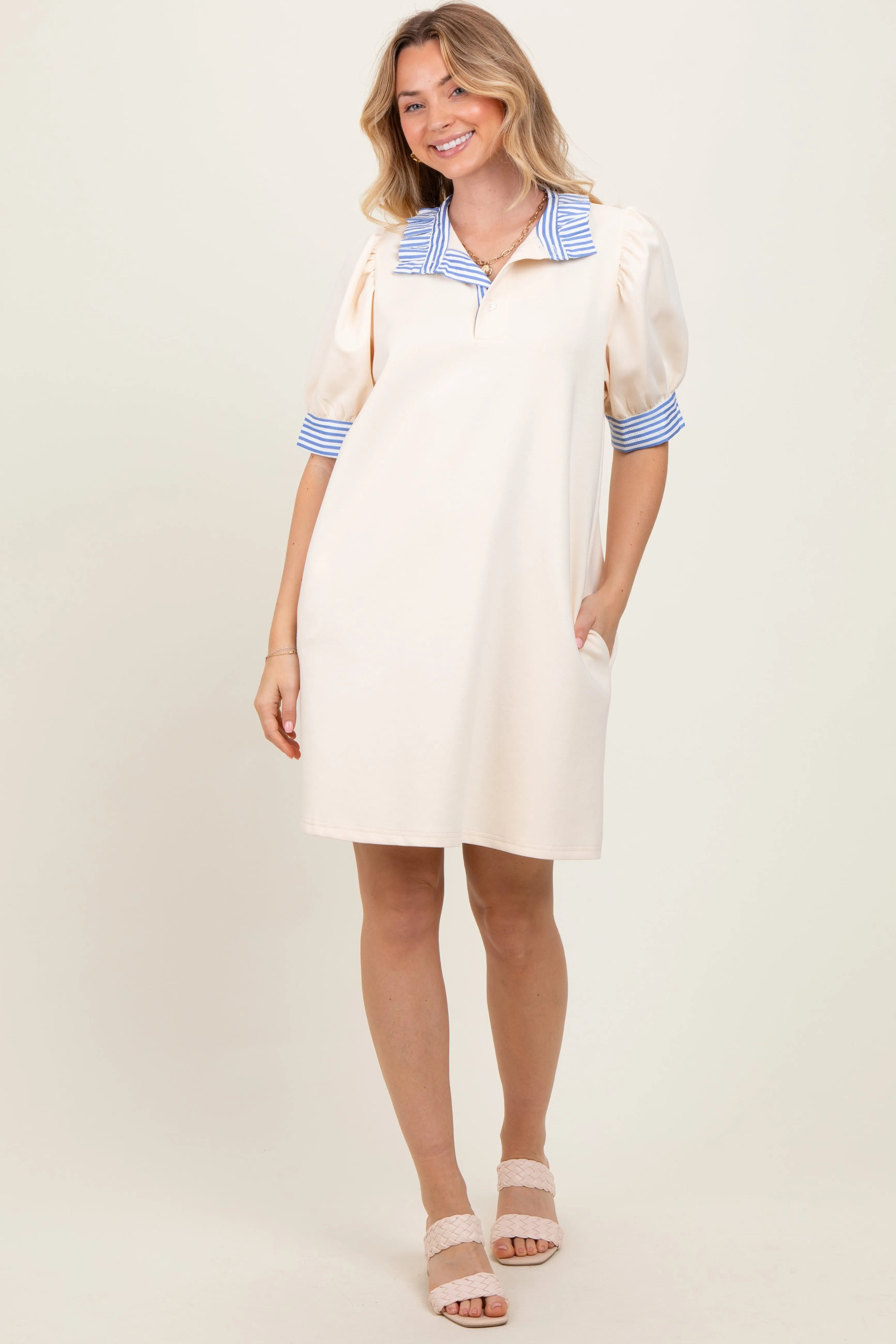 Cream Mock Neck Contrast Striped Trim Mini Dress sold by Pinkblush product image thumbnail 2